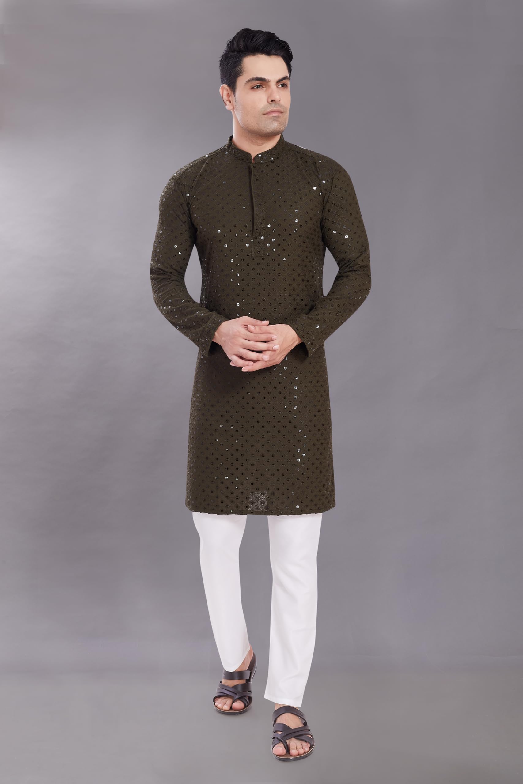 Divisive Men's Sequince Embroidered Cotton Blend Only Slim Fit Kurta (Dkrt524_Xxxl_Mehndi)