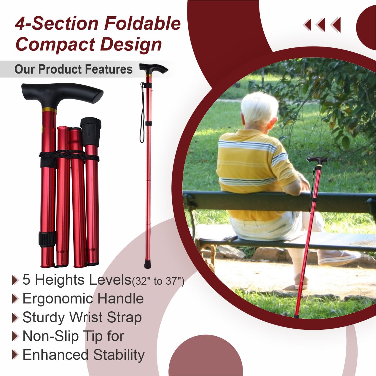 Canne De Marche Pliable Réglable - 5 Hauteurs, Poignée Ergonomique, Max 100kg
