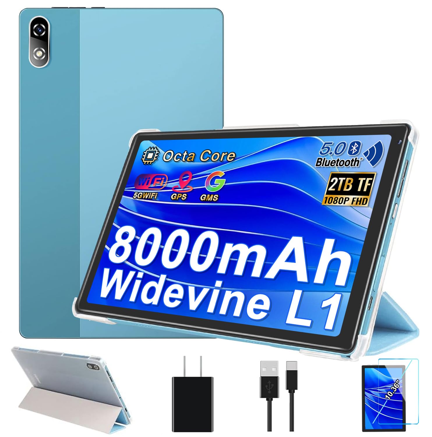 Tablet 10.36 Pulgadas Pantalla 64GB ROM + TF 1TB, Tableta Octa-Core 2.0 GHz / 8000 mAh / 8MP+5MP Macro/ 1340 * 800 Pixels / 5G WiFi/GPS, Tablet Funda Protectora - Azul