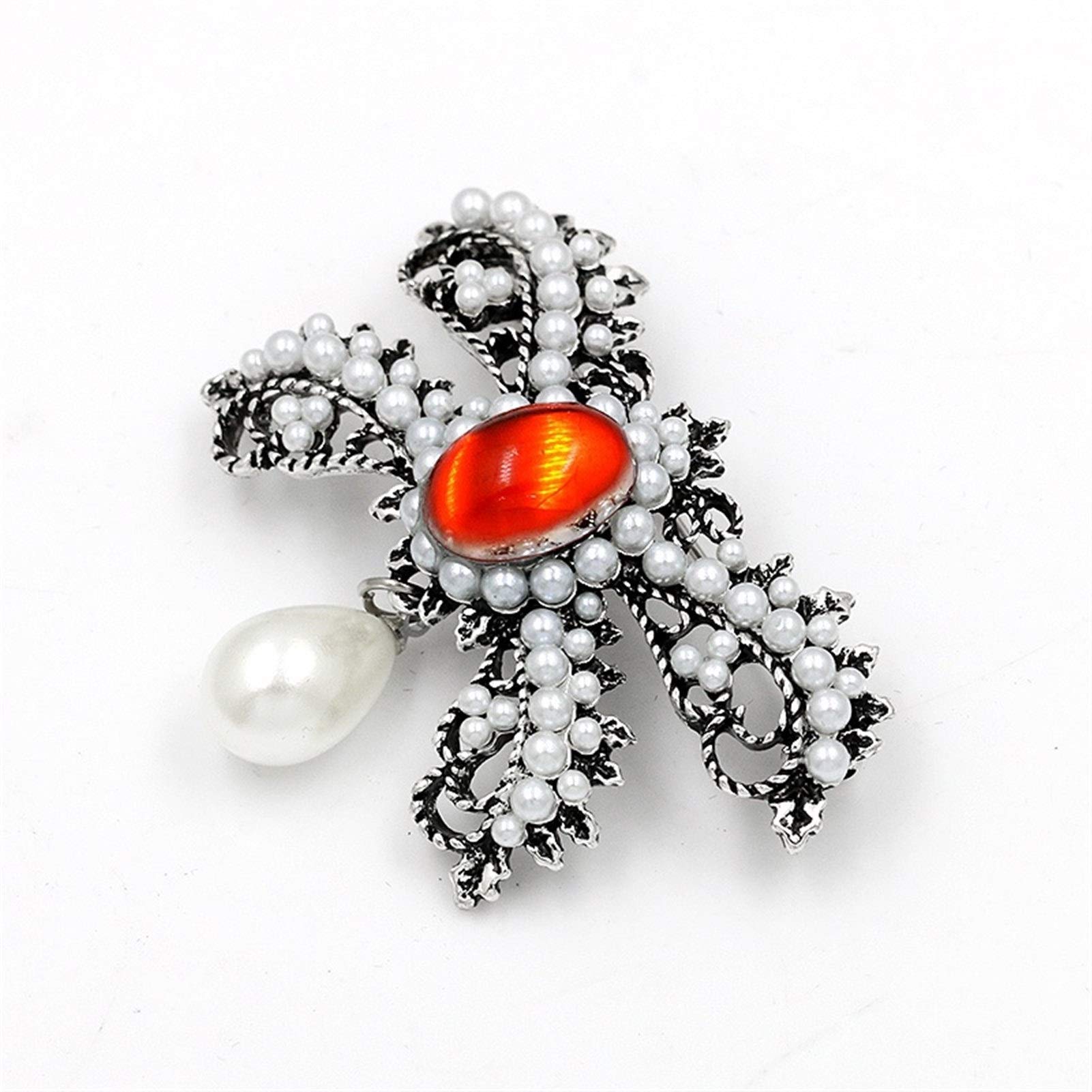 Brosche im klassischen Stil, rote Kristall-Strass-Bowknot-Brosche mit künstlichen Perlenbroschen für Damen, Kleidungszubehör