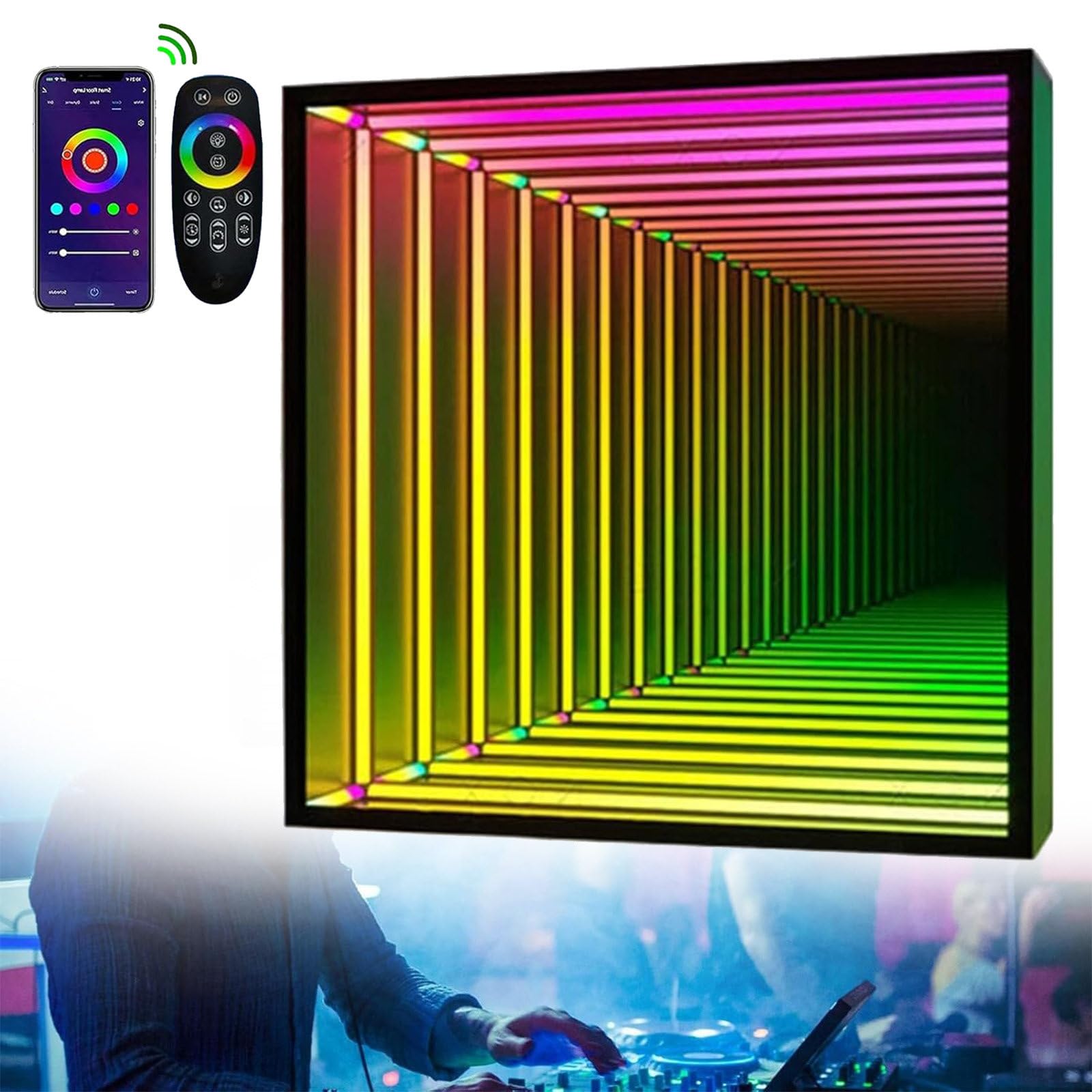 Eastnmythet Remote Control Mirror Tunnel Light, LED Night Light 3D Mirror Light, Sensory Infinity Light Square for Home, Living Room, Bedroom, Party, Bar,12"/30cm