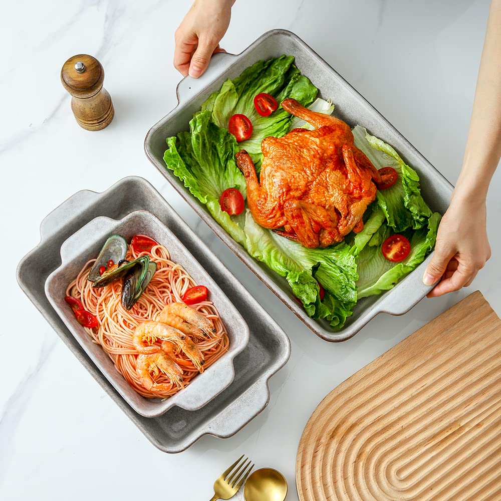 KOOV Bakeware Set, Keramik Backform Set, Rechteckige Auflaufform Set, Lasagnepfanne, Backformen Set zum Kochen, Kuchen Abendessen, Küche, 22,9 x 33 cm, Reaktive Glasur 3-teilig, Variabel Grau