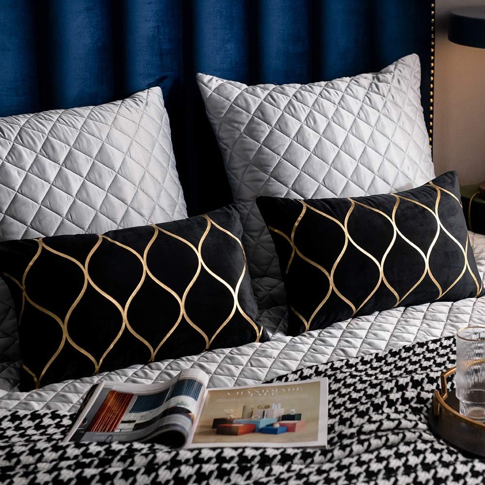 12x20 Inch Gold Velvet Throw Pillow Covers: 2 Pack Rectangular Decorative Pillow Cases for Bedroom Sofa Couch Living Room, Black - Image 4