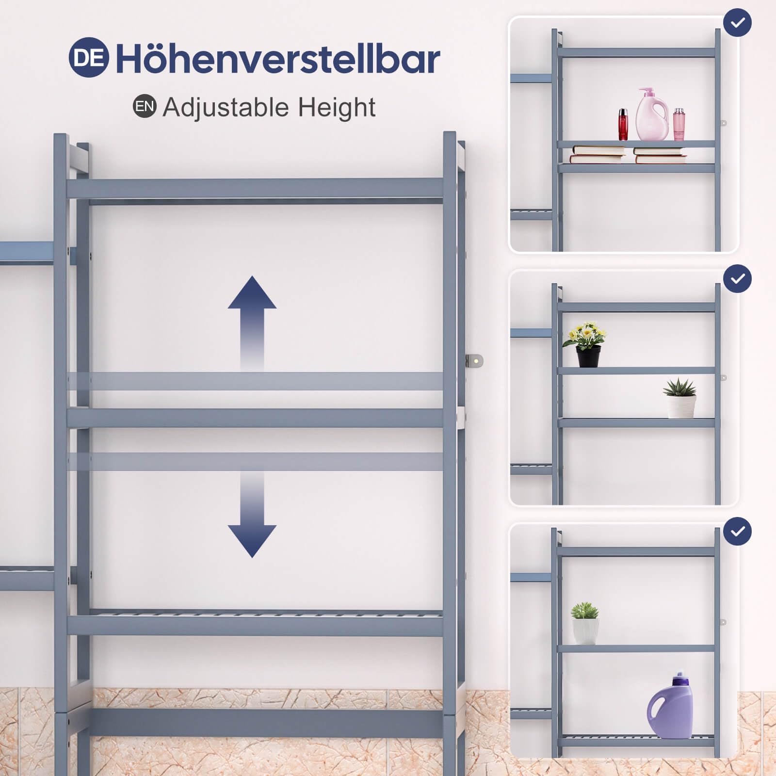 Yorbay Toilettenregal mit 2 Körben, Bambus WC Regal, 3-stöckiges Verstellbar Badregal mit Wasserdichtes Fußpolster, Multifunktional Badezimmerregal, Platzsparend, Einfache Montage (Grau)