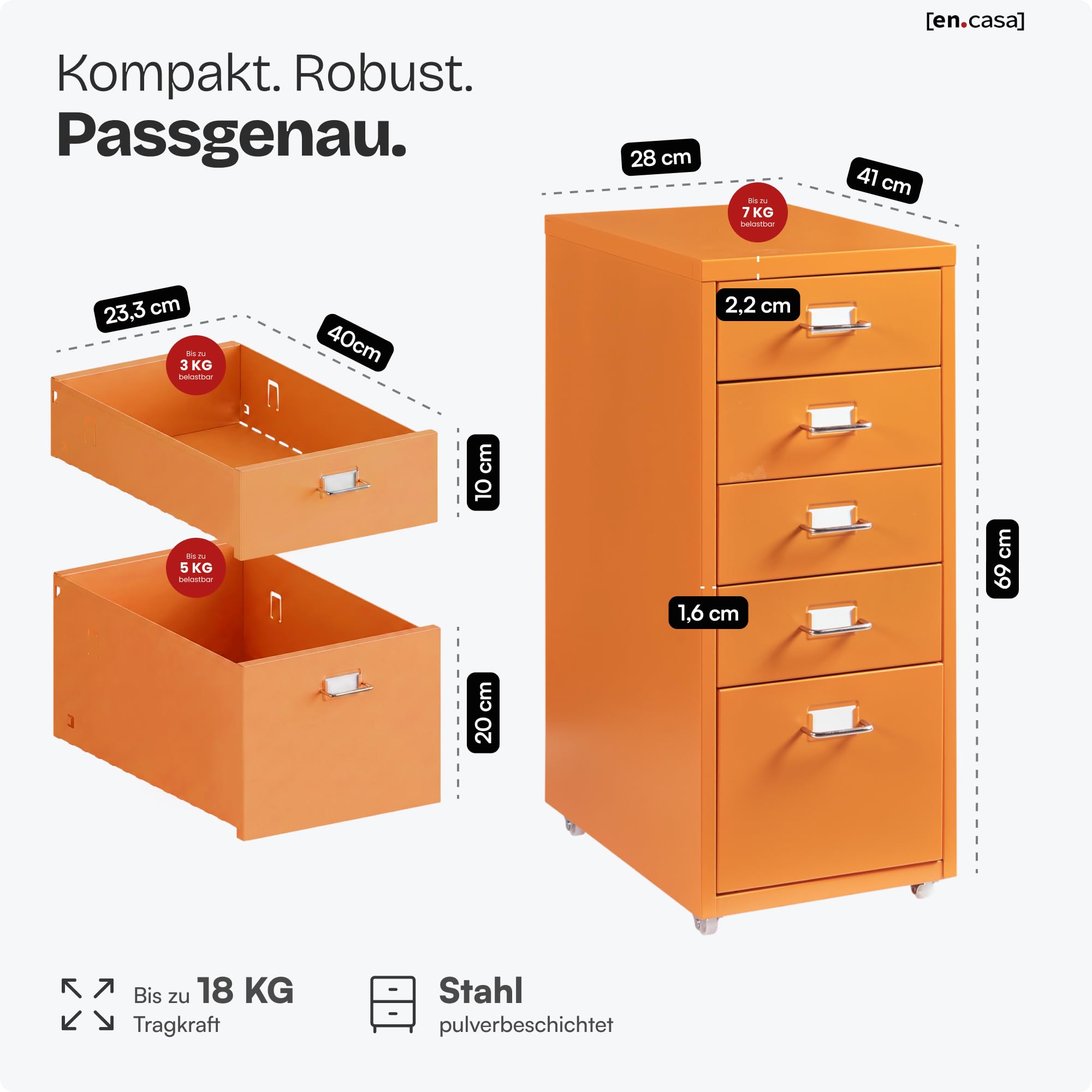[en.casa] Rollcontainer Kökar Schubladenschrank Metall Aktenschrank mit 5 Schubladen Bürowagen mit Rollen für Arbeitszimmer 69 x 28 x 41 cm Orange