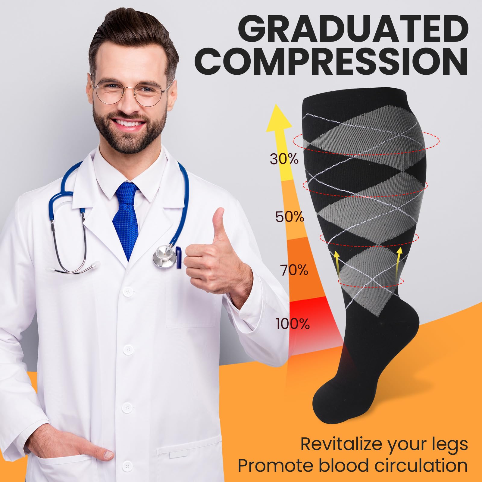 Croknit 8 Pairs Plus Size Compression Socks for Women Men Wide Calf Extra Large Size Knee Support Socks for Circulation (Pattern Style,XX-Large)