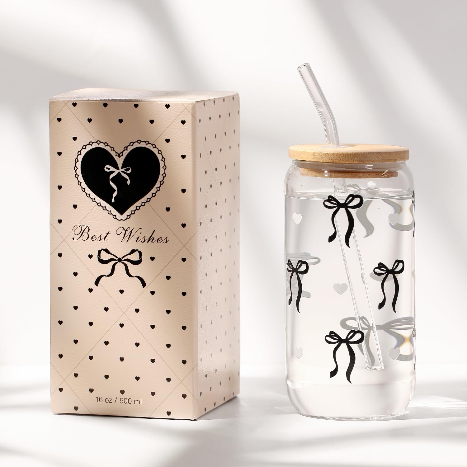 LANGASQUE Coquette Bow Aesthetic Cup With Gift Box 16oz Glass Cup with Lids Straws and Black Bow Iced Coffee Smoothie Cute Tumbler with Cleaning Brush for Girls Bestfriend Sister Girlfriend: Black