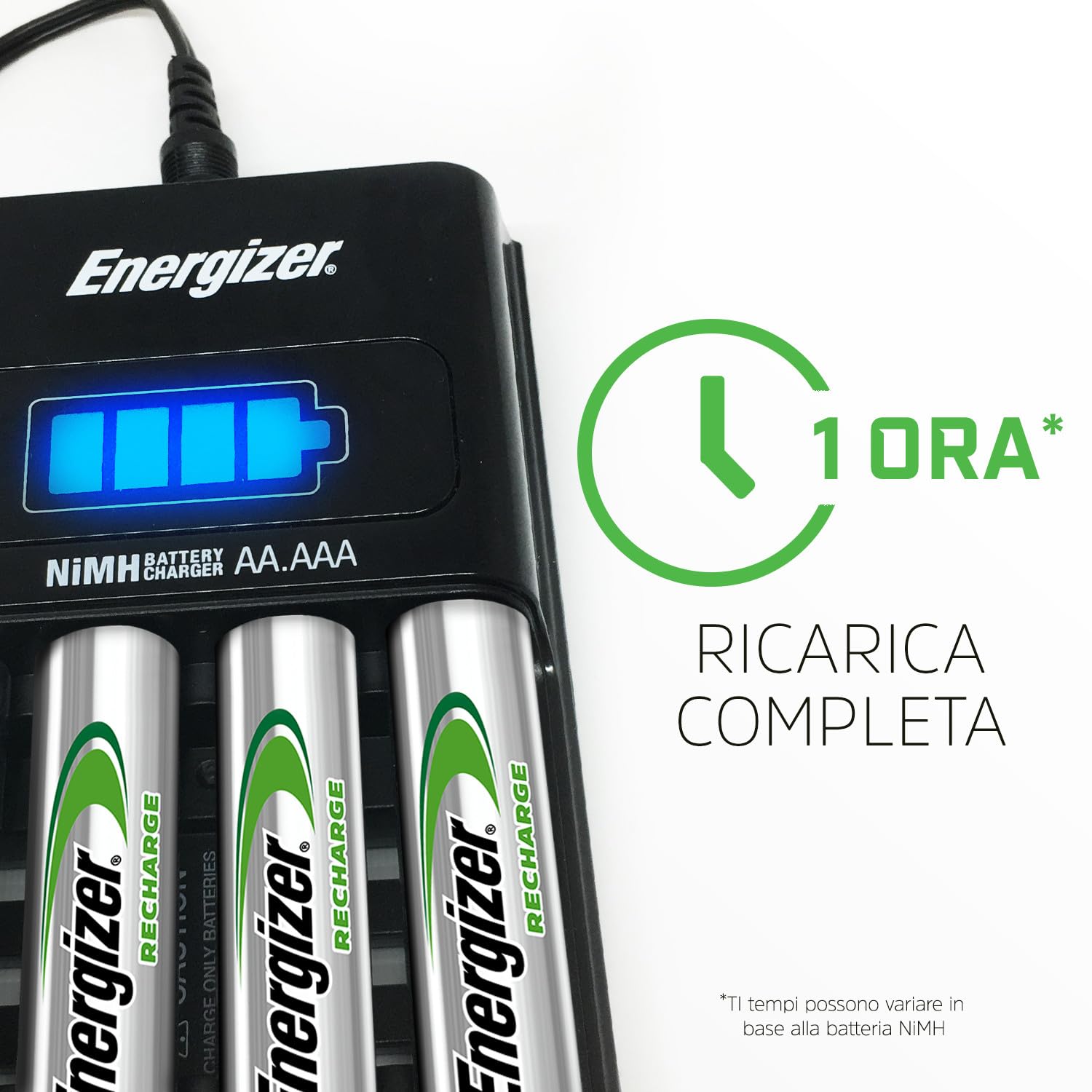 Energizer Carica Batterie Ricaricabili AA e AAA NiMH - Include 4 Pile AA 2300 mAh - la ricarica completa in 1 ore - funzioni di spegnimento di sicurezza automatico