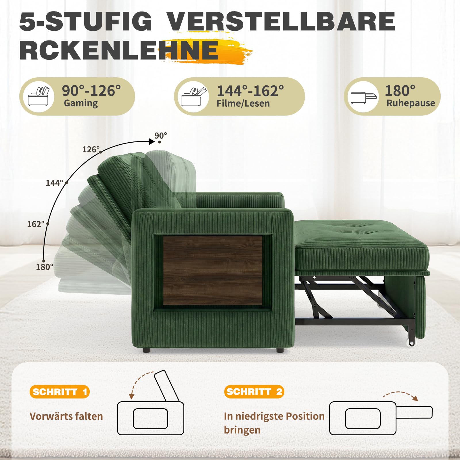 YOUDENOVA Sofa 3 w 1, fotel z funkcją łóżka i funkcją salonu, sofa relaksacyjna z 5 regulowanymi pozycjami oparcia, sofa 2-osobowa z łóżkiem, stołem i kieszeniami bocznymi, prążkowana zieleń