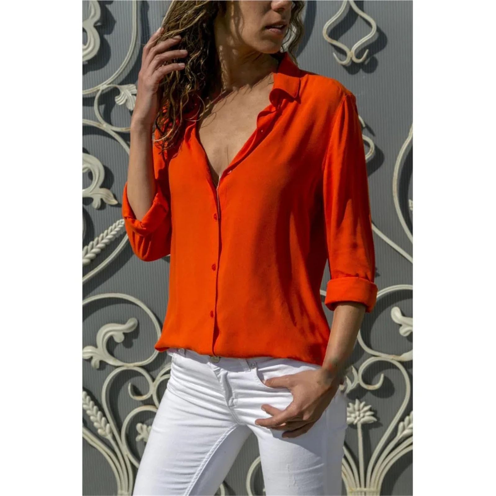 Camisa de primavera para mujer, informal, de manga larga, con botones, color liso, para oficina, color blanco