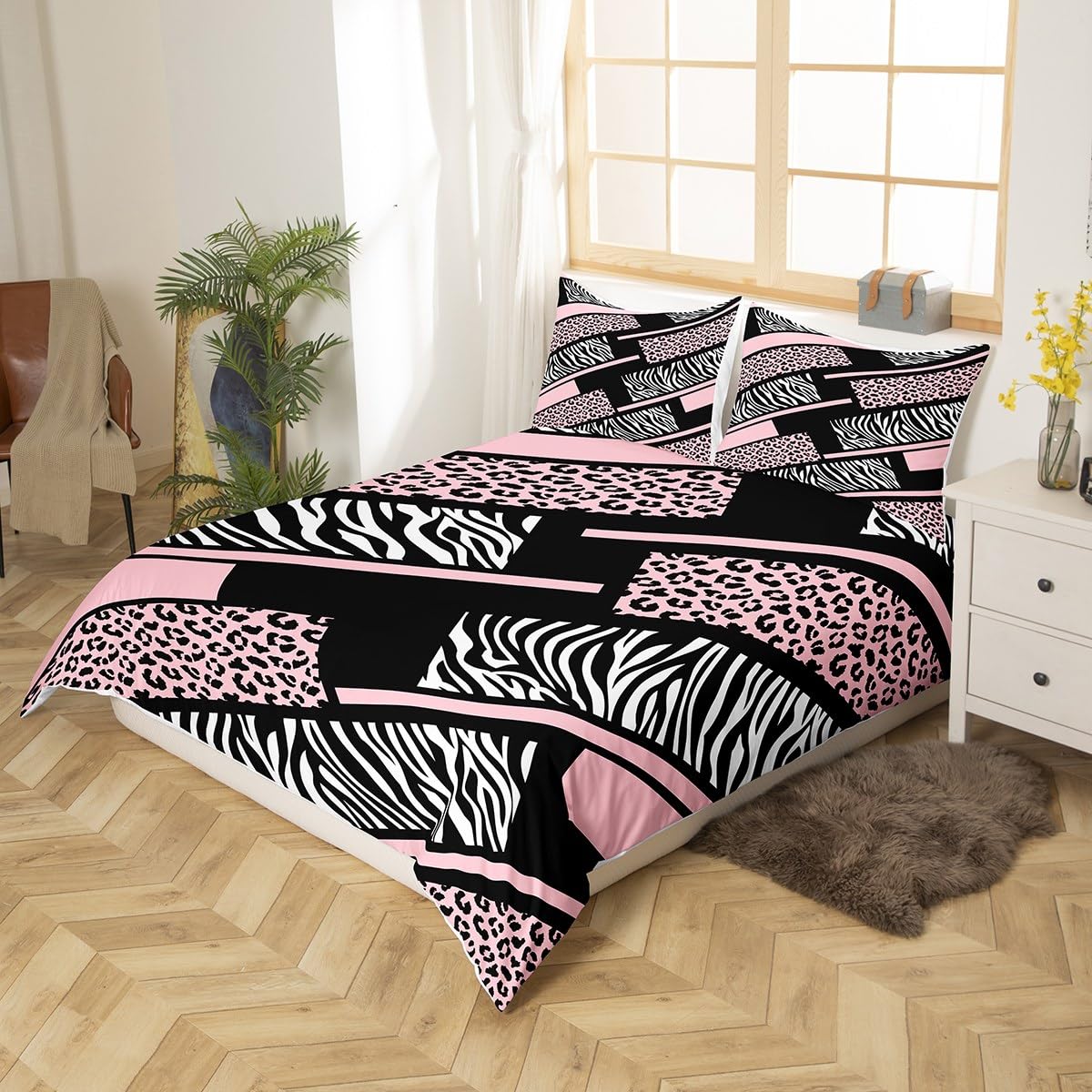 Manfei Pink Leopard Kids Duvet Cover Set Single Size, Cheetah Zebra Striped Print Comforter Cover - Image 2
