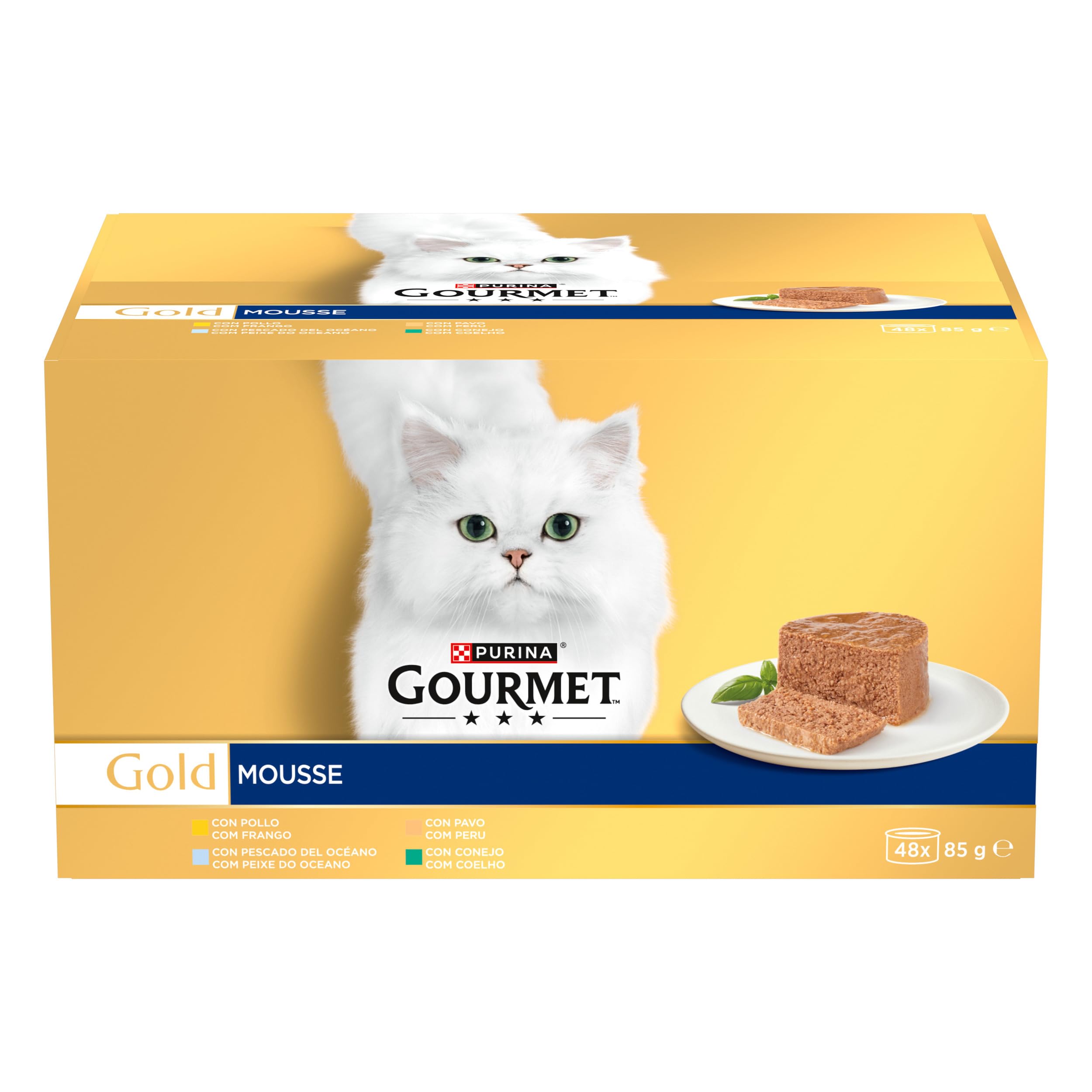 Purina Gourmet Gold Mousse, Comida Húmeda para Gato Pack Surtido, 1 Pack de 48 latas de 85gr