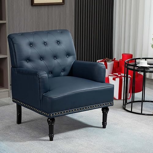 Miniatura 4 de MOJAY Silla decorativa de piel sintética, sillón de mediados de siglo con patas de madera de goma, silla de club con ribete de remache para