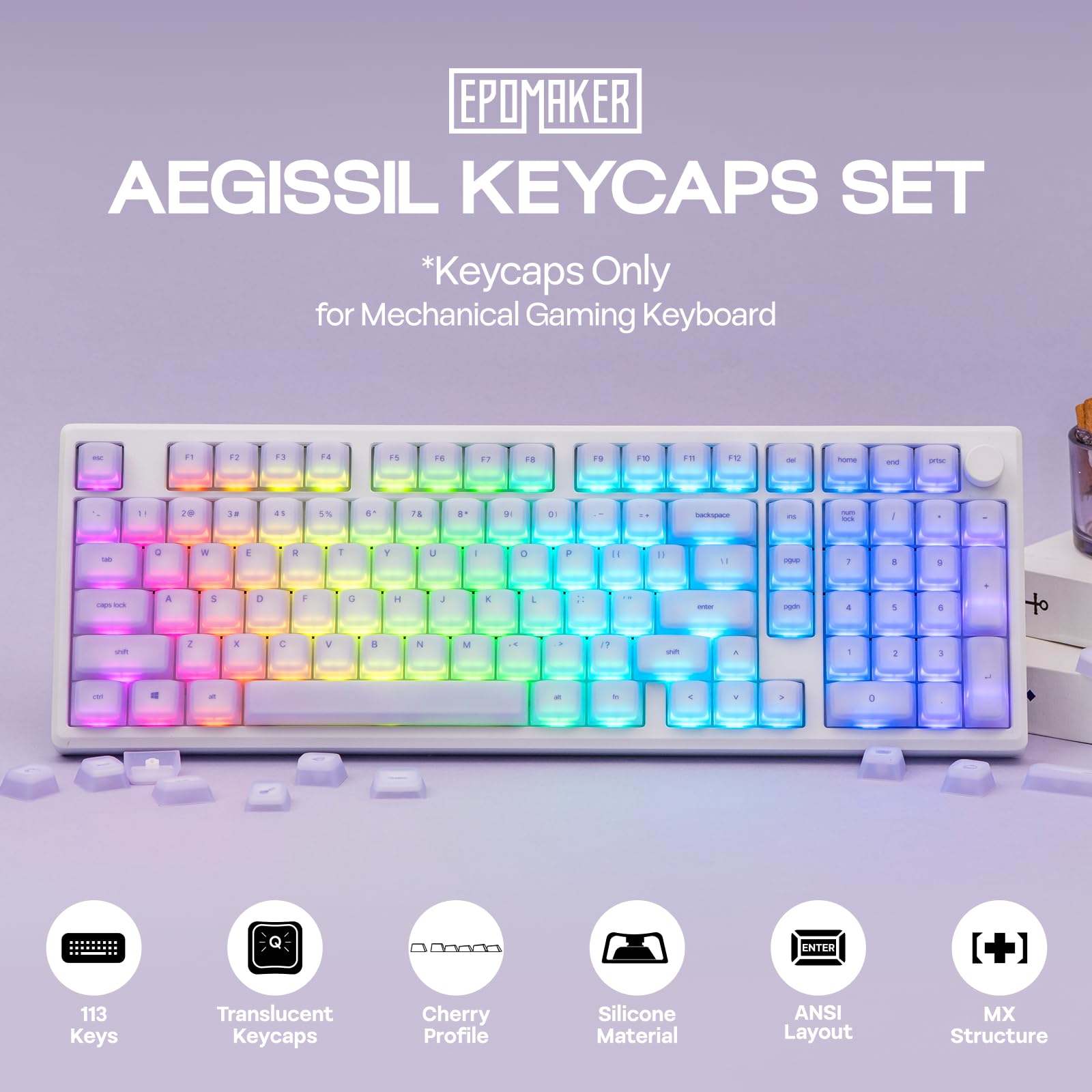 EPOMAKER AegisSil Keycap Set, Material de Silicona,Perfil Cherry,113 Teclas,Tamaños 65%/75%/96%/Completo, Juego de Teclas Personalizadas para Teclados Mecánicos Cherry MX,Kailh,Outemu,Gateron (Morado)