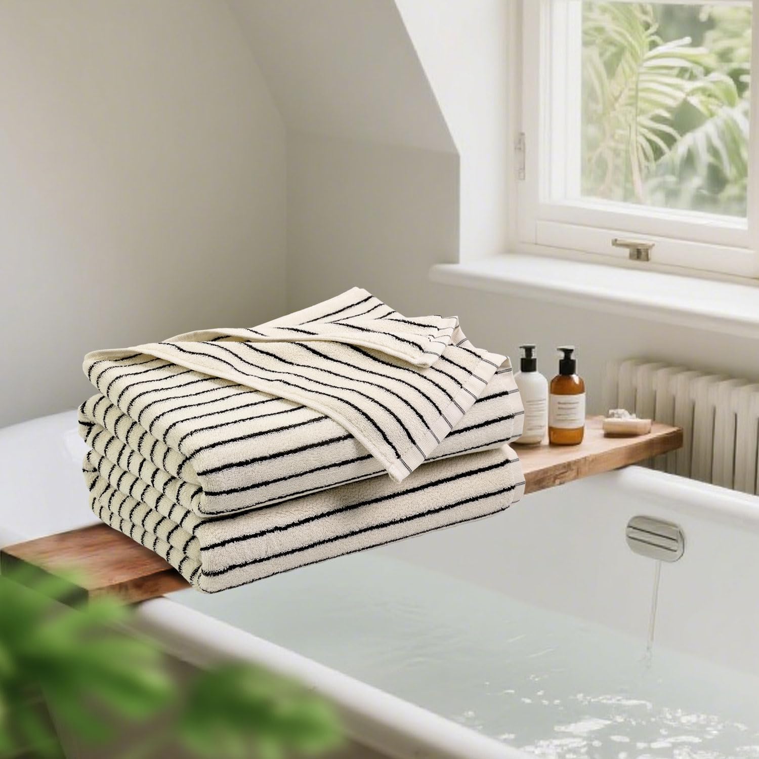Lot de 2 serviettes de bain à rayures noires et blanches, grandes serviettes à séchage rapide, 69,8 x 139,7 cm, style rustique pour salle de bain, piscine, douche