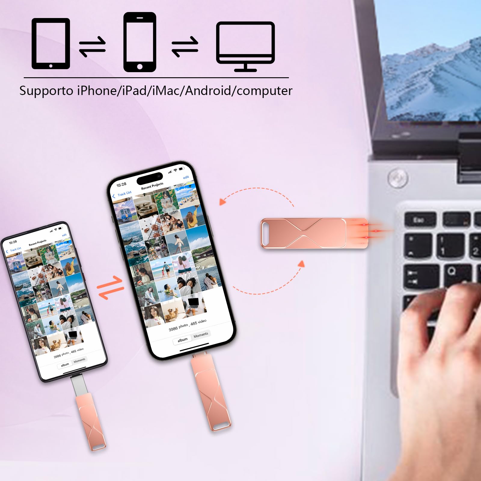Chiavetta Usb 256GB per iPhone,Mfi Certified Lightning Memoria Esterna Pen Drive Penna Usb Chiavette 3 In 1 per iPhone,iPad,iOS,Macbook,Android,Pc