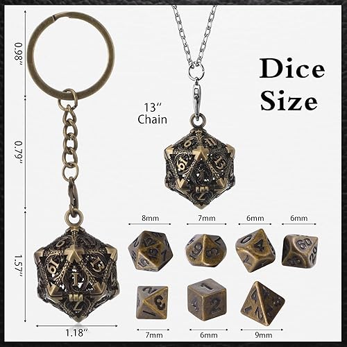 Miniatura 9 de Syhood Juego de dados pequeños, 7 piezas de dados pequeños de metal, collar hueco D20, estuche de dados, llavero, juegos de mesa para juegos de rol,