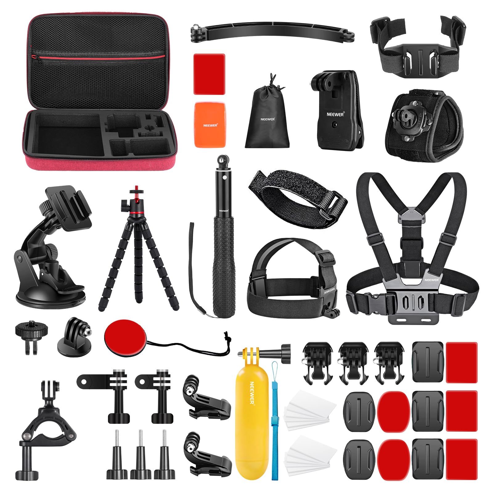 Neewer 50 In 1 Action Camera Accessory Kit, Compatible with GoPro Hero 13 11 10 Hero9 Hero8 Hero7 GoPro Max GoPro Fusion Insta360 Osmo Action AKASO APEMAN, Red Storage Case Included