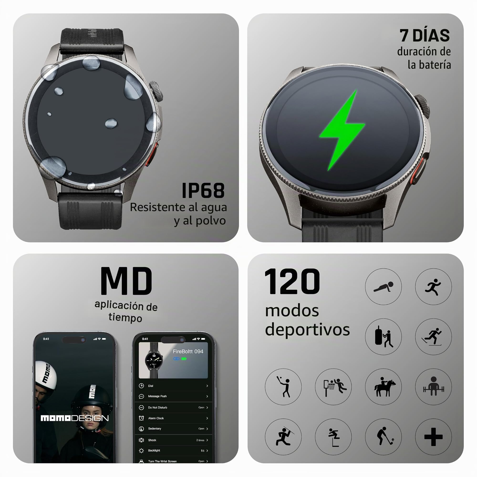 MOMO Design Smartwatch Zero 1.43" - Pantalla AMOLED - Caja de Aluminio - Llamadas Bluetooth y Control de Salud - Resistencia al Polvo y Salpicaduras - Funciona con la aplicación MD Time - Negro