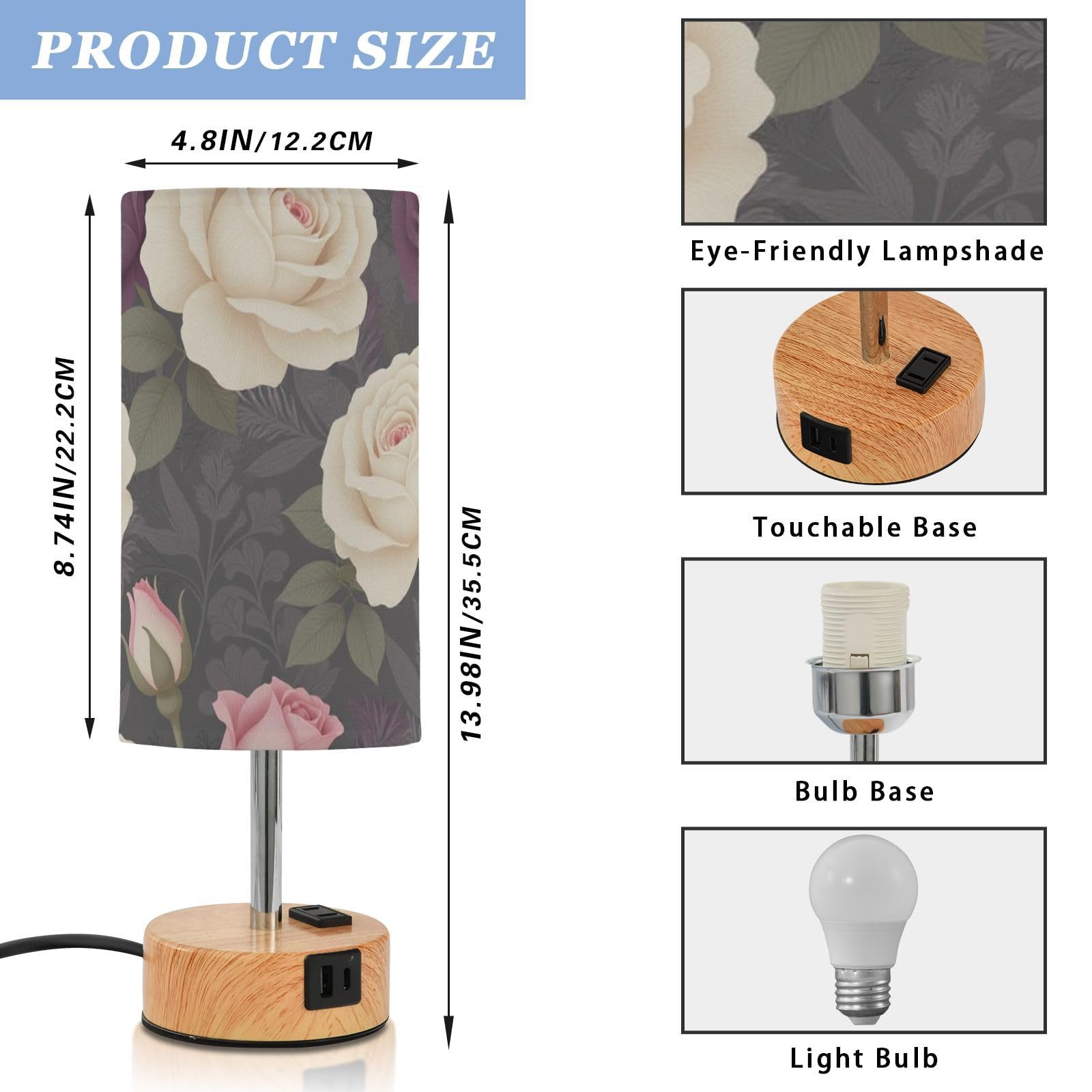 Yuiboo Lampy dotykowe z portami USB C+A, lampka nocna na biurko