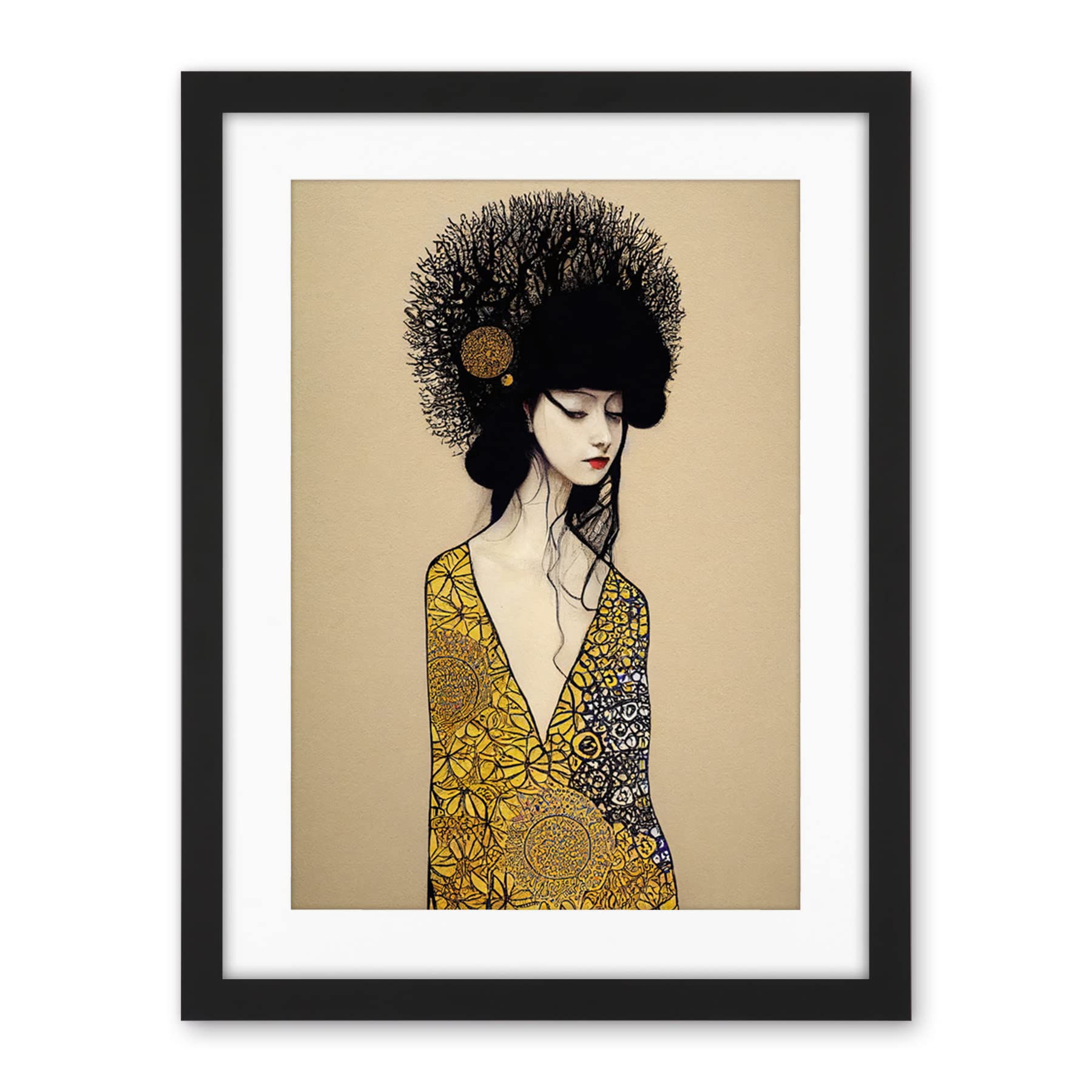 Wee Blue Coo The Goddess In Gold Black Klimt Style Robe Artwork Framed Wall Art Print 18X24 Inch