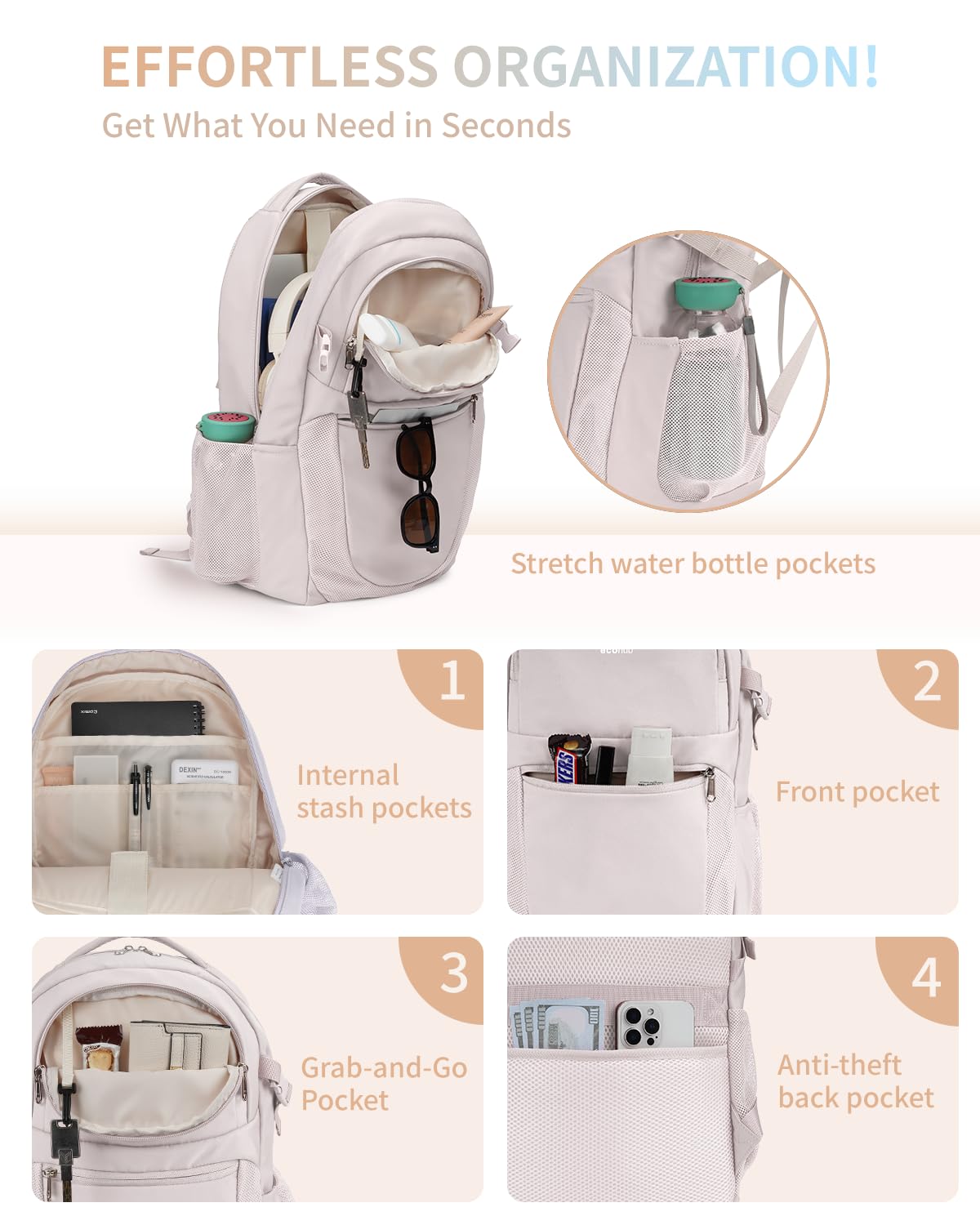 Mochila de viaje para mujer, se adapta a mochila para laptop de 17.3 pulgadas, resistente al agua, 28 L, Beige, Mochilas Daypack 3