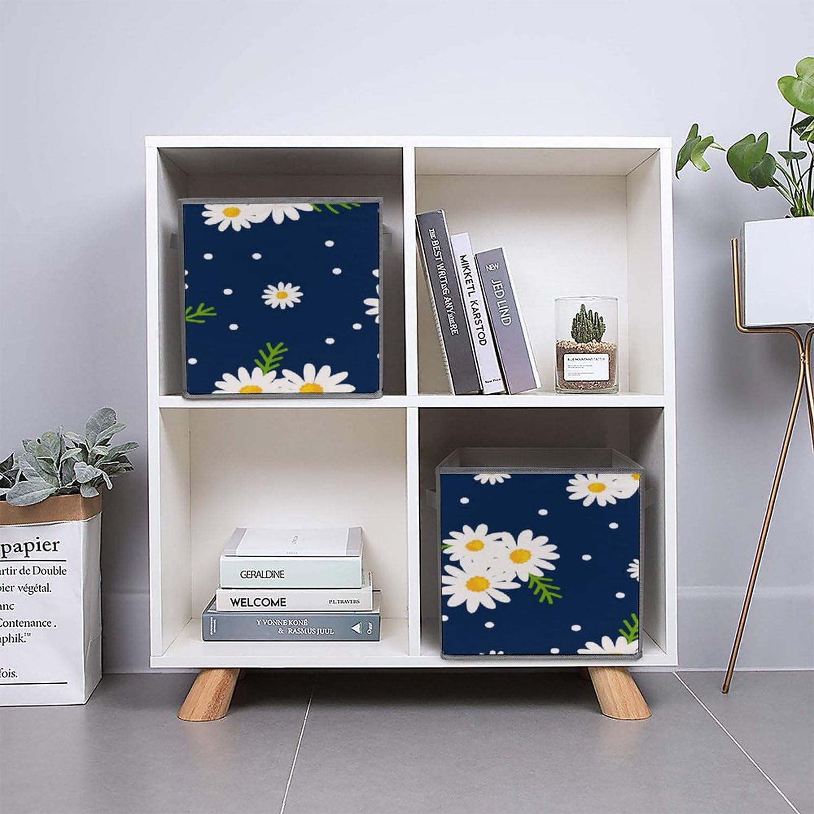 Cubi portaoggetti pieghevoli da 28 x 28 cm, con fiori bianchi, margherite, in tessuto, con manici, vestiti, coperte, giocattoli, organizer per casa e ufficio, confezione da 6