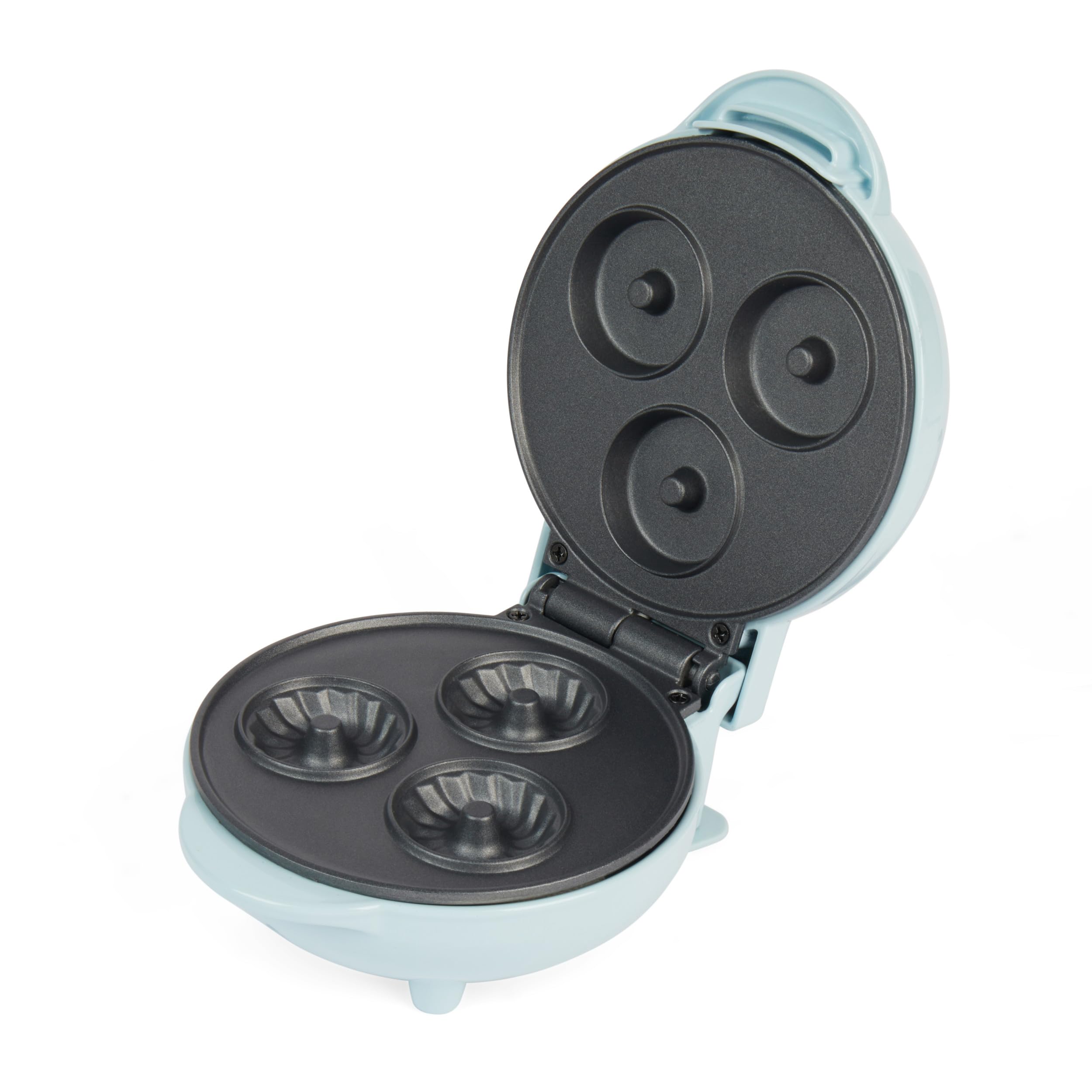 Petra PT4693BLNVDE - Macchina per mini ciambelle, elettrica e antiaderente, piastra da 12,5 cm, preriscaldamento circa 2 minuti, facile pulizia, 3 ciambelle per volta, compatta, 550 W, blu pastello