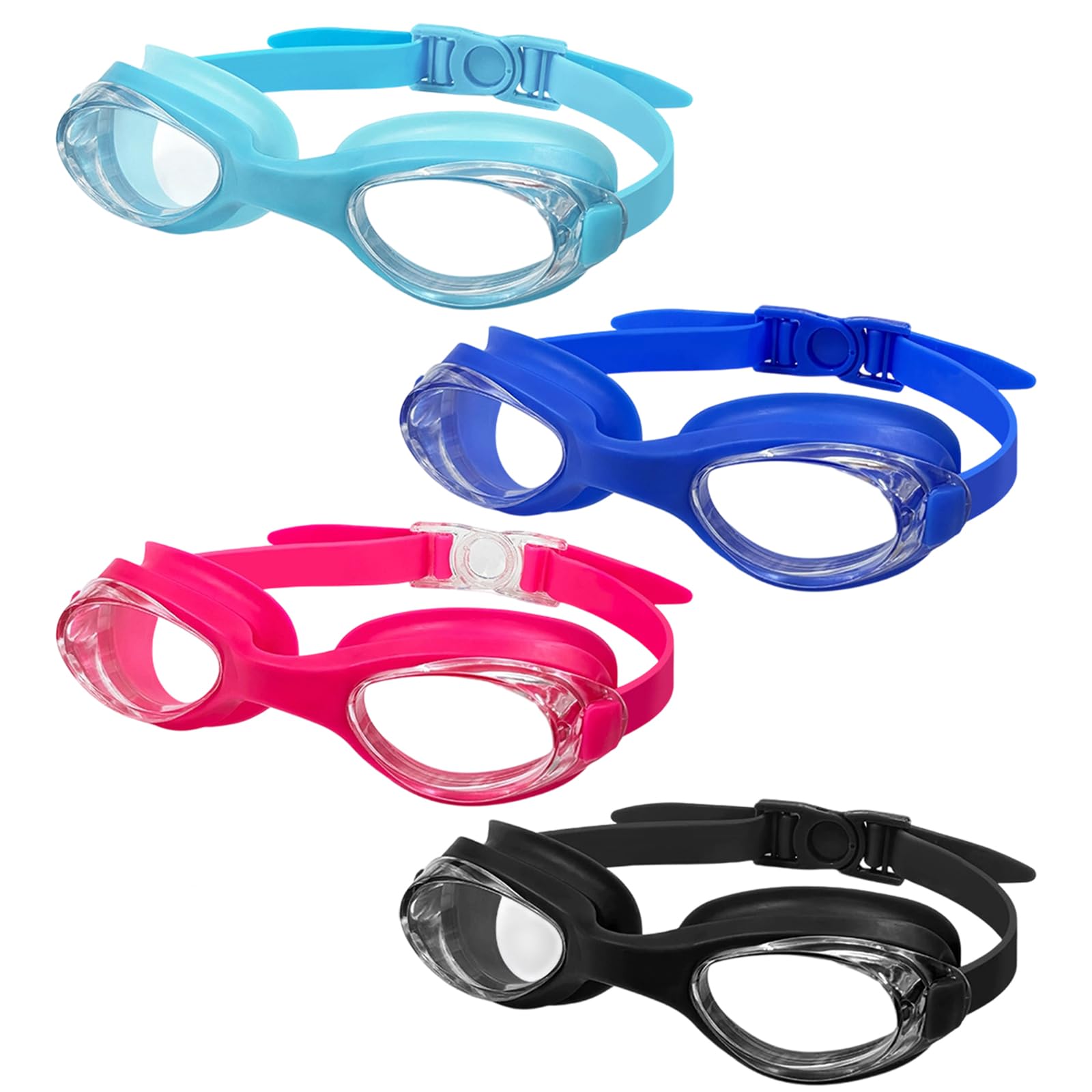 4Pcs Kids Swimming Goggles, Anti-Fog Swim Goggles for Children, Leak-Proof Adjustable Silicone Goggles, Wide Clear View for Swimming Lessons and Training Sessions (Black, Navy Blue, Rose Red, Lake Blu