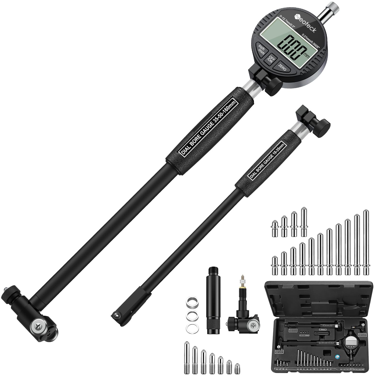 Neoteck Jauge d’Alésage Digitale 18-160mm – Mesure Intérieure Haute Précision 0,01mm – Jauge Cylindre & Contrôle Dimensionnel Profond pour Atelier Mécanique, Métrologie et Moteurs-Noir