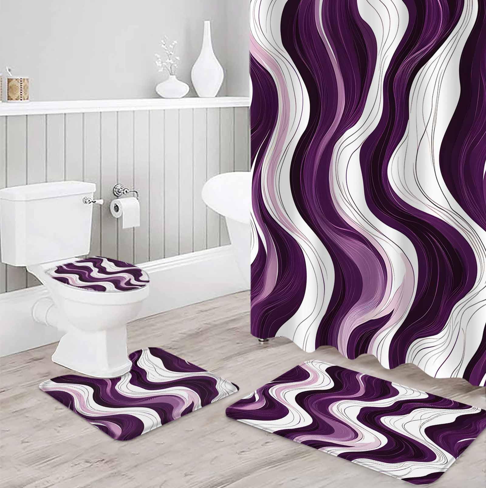 Purple Stripe Bathroom Set with Shower Curtain and Rug and Accessories - 36x72 Inches Long Geometric White Wave Modern Ocean Stall Curtain Waterproof with Small Bath Mat, Washable Runner Rug Set