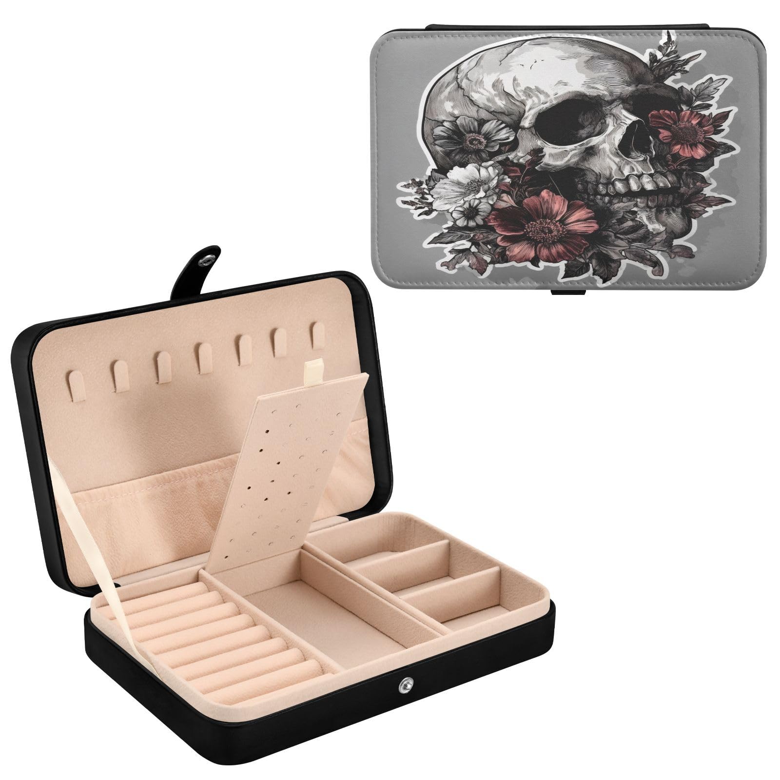 Haskirky Beautiful Flower Skull Jewelry Box Portable PU Leather Travel Jewelry Organize for Women Jewelry Storage Display Holder for Ring, Necklace, Earring