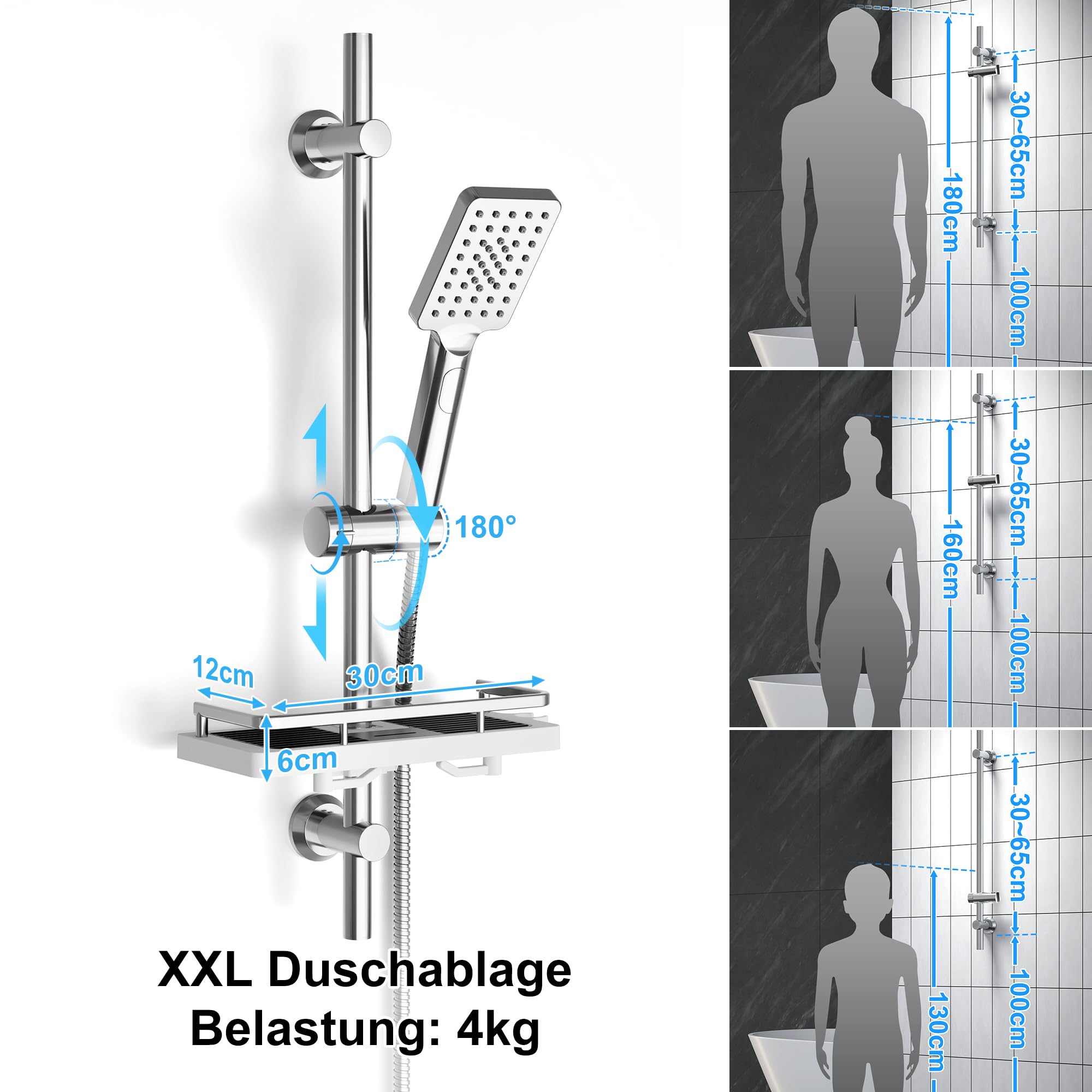 Görbach Colonna Doccia con Miscelatore Termostatico, Set Asta Doccia in Acciaio inox con Doccetta e Tubo, Saliscendi Doccia 70 cm con Mensola, Cromo