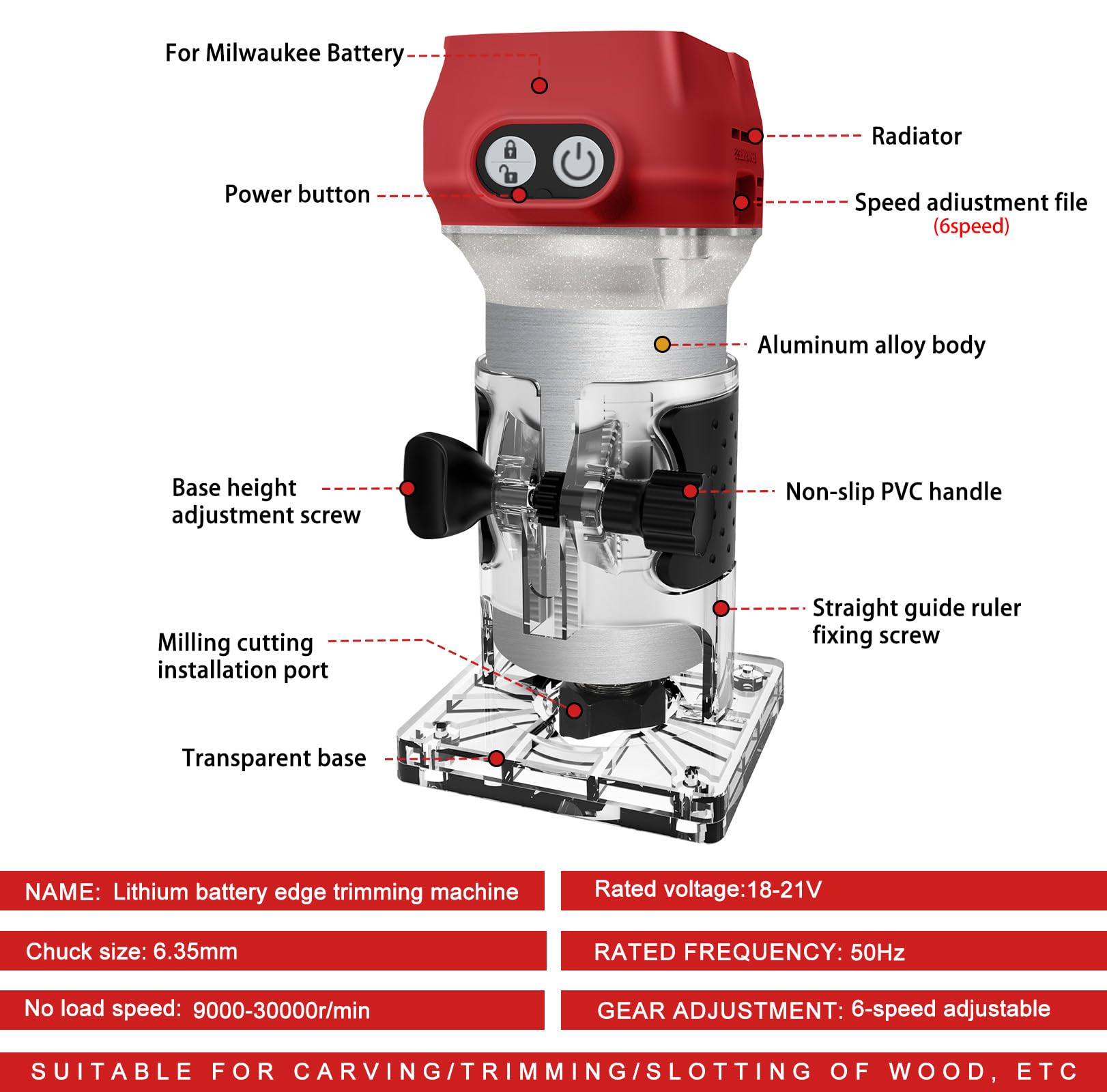 WingFly Affleureuse Défonceuse, Affleureuse Sans Fil pour Milwaukee M18 18V, Brushless Affleureuse Paume Compacte Pour Travail du Bois, avec 15 Fraises à Défoncer