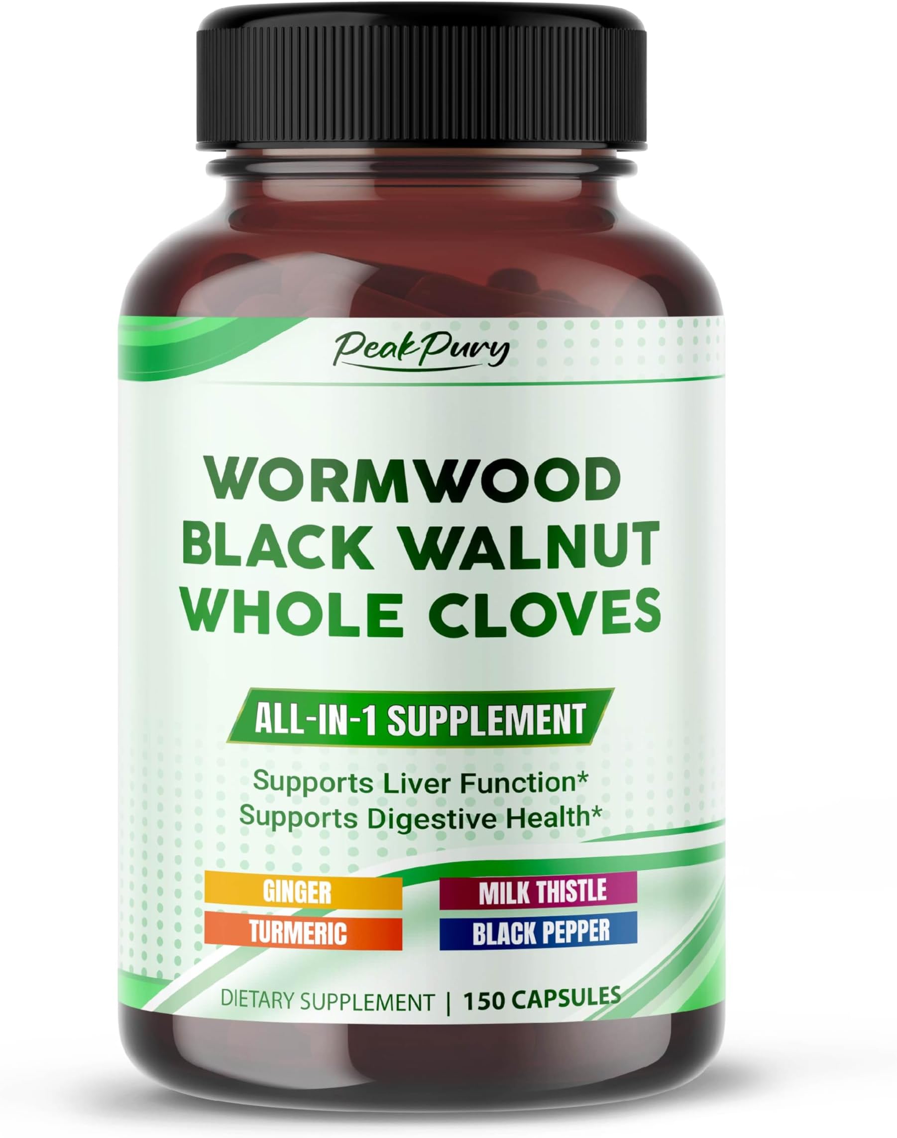 All-in-1 Wormwood Black Walnut Whole Cloves Ginger - Supports Liver Health & Aids Digestion -150 Capsules