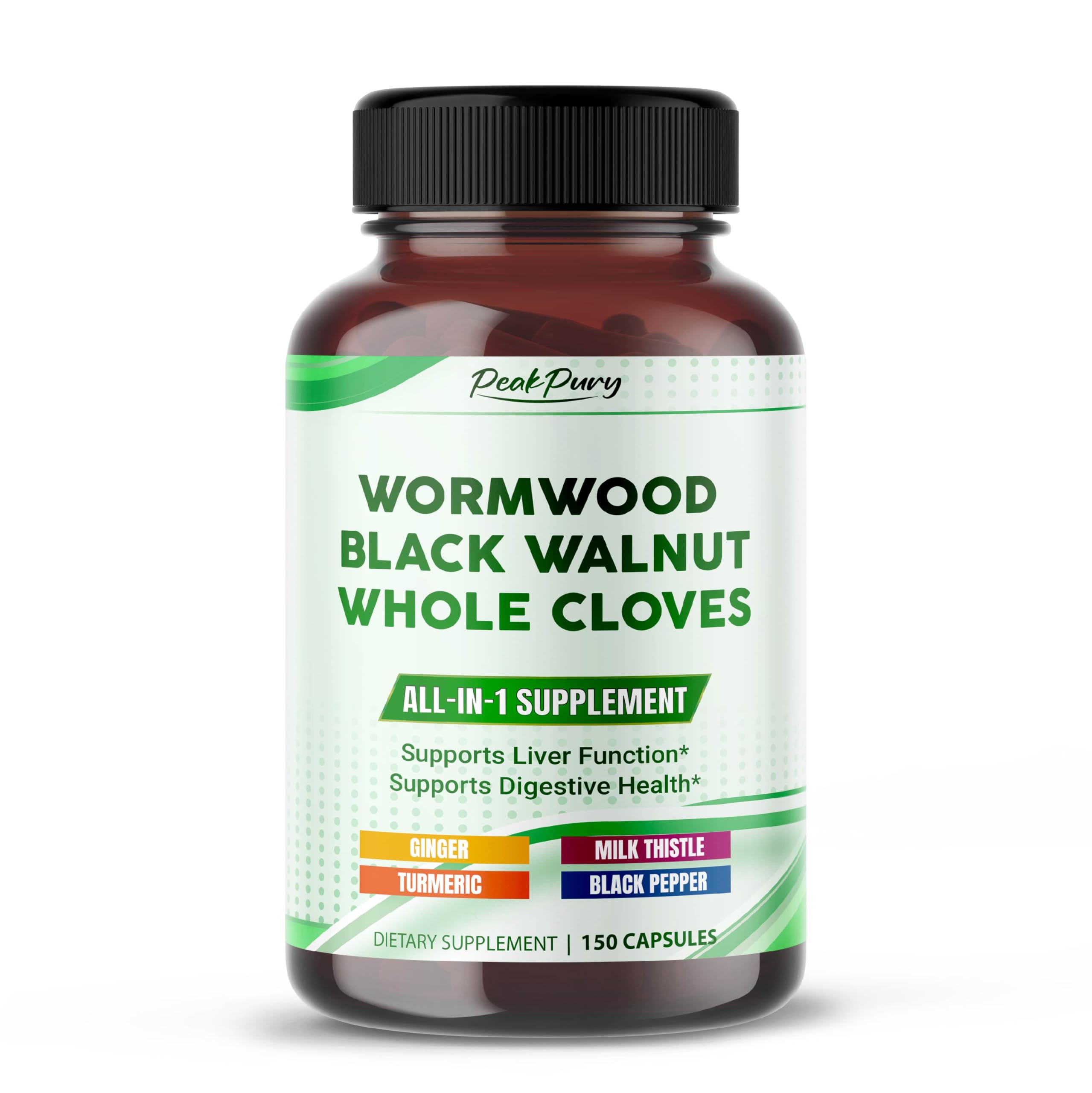 PEAKPURY All-in-1 Wormwood Black Walnut Whole Cloves Ginger - Supports Liver Health & Aids Digestion -150 Capsules
