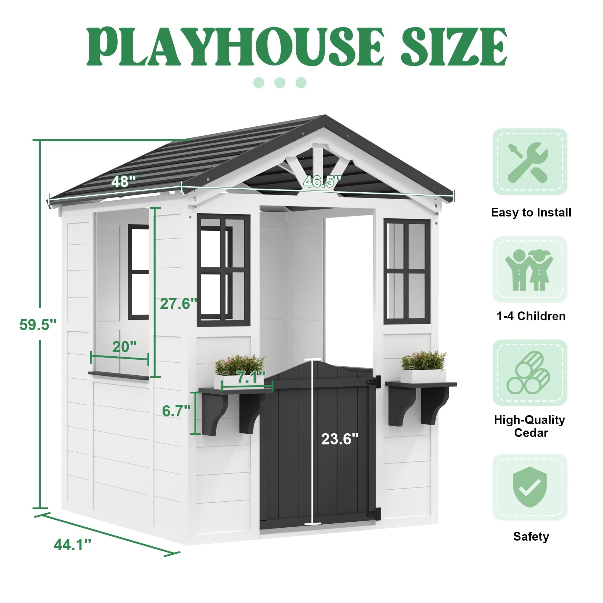 IDEALHOUSE Zedernholz Kinderspielhaus Outdoor - Landhaus-Cottage mit Veranda & Spielküche, Holländertür, Blumentopfhalter, wetterfestes Vinyl-Dach, einfache Montage - Weiß