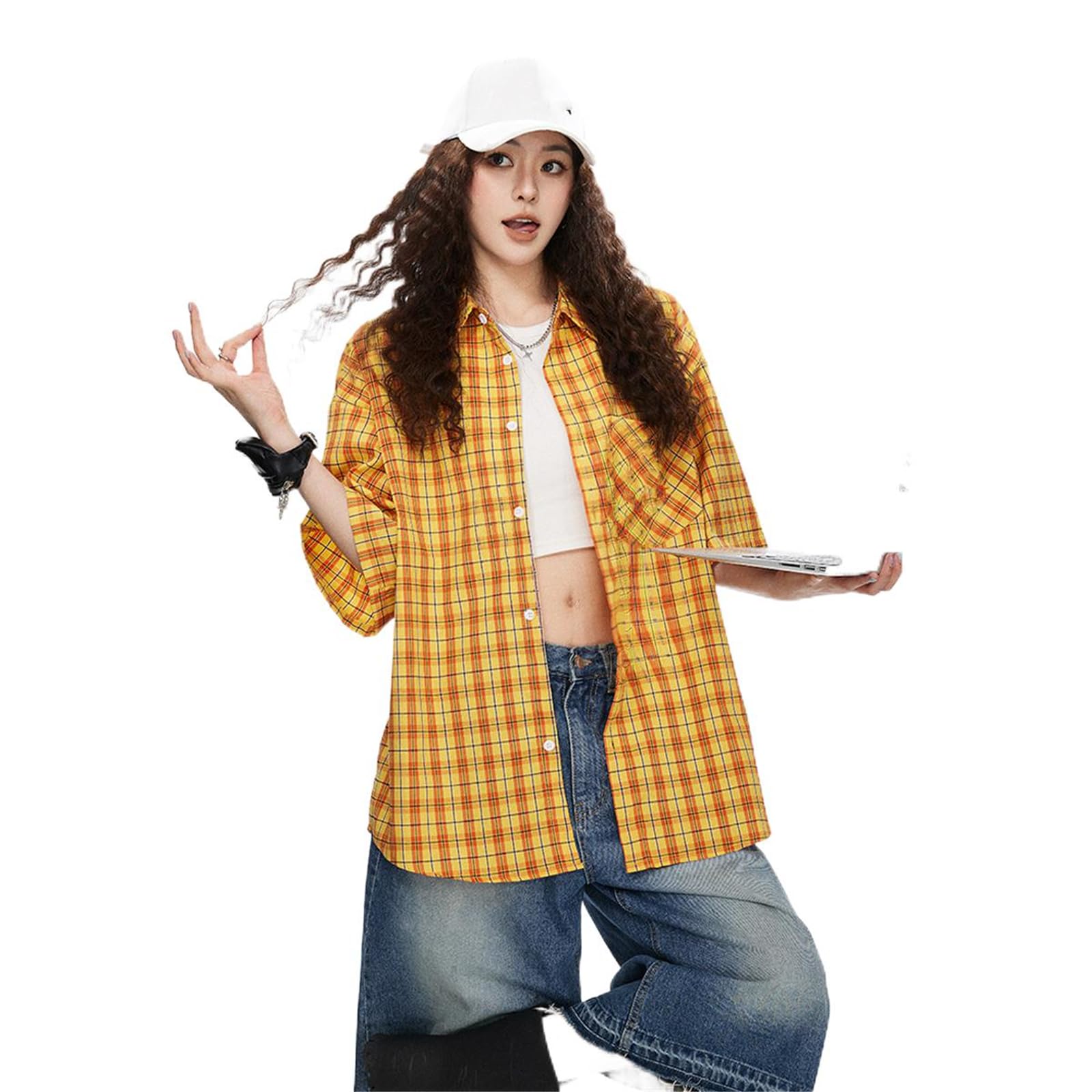 Chemise Femme à Carreaux Jaune à Manches Courtes Brodée Lettres
