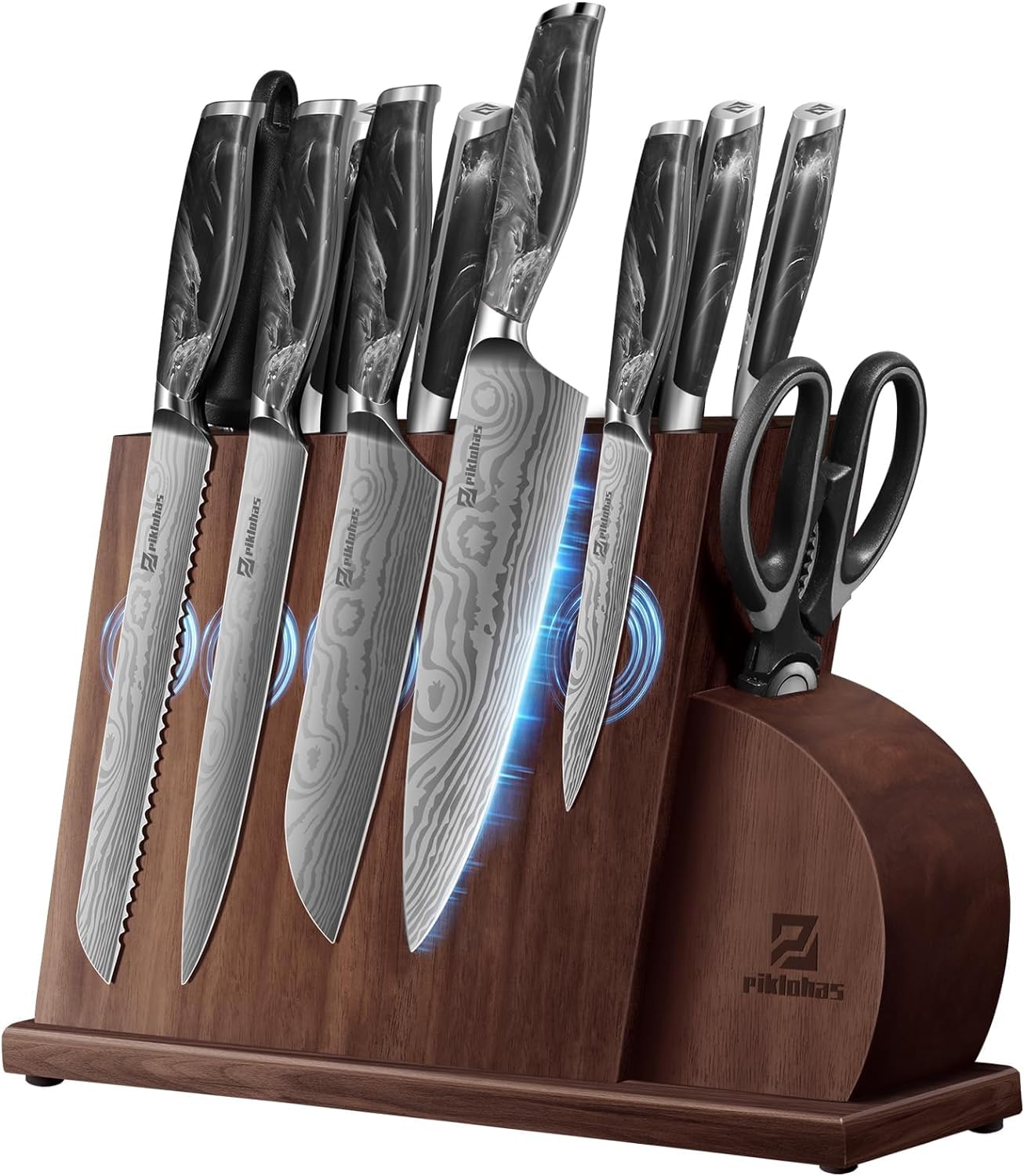 Kitchen Knife Sets with Magnetic Block, 14 Pcs Chef Sharp Damascus Pattern High Carbon German Stainless Steel Knives Set with Sharpener, Full Tang Ergonomic Black Flowing Cloud Handle
