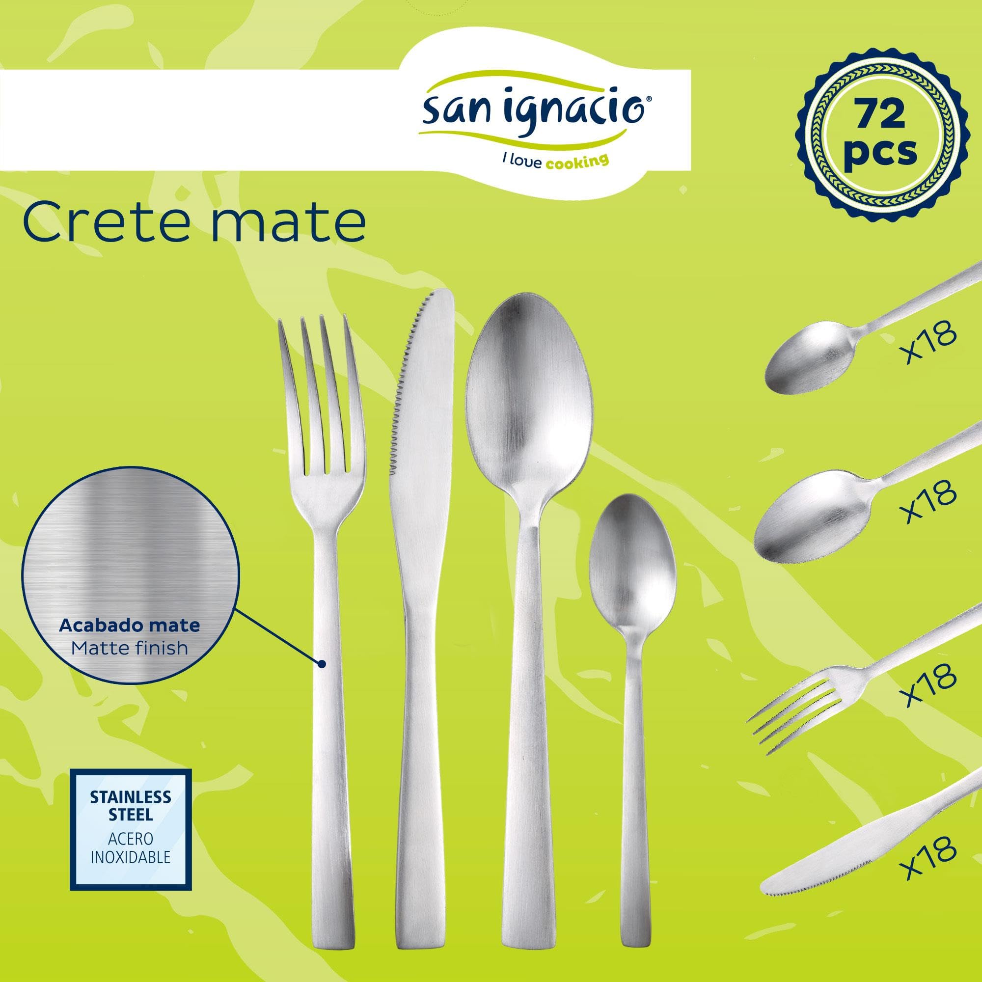 San Ignacio Cubertería de 72 Piezas en Acero inoxidable Mate, Set completo para 18 Servicios, Diseño elegante y resistente