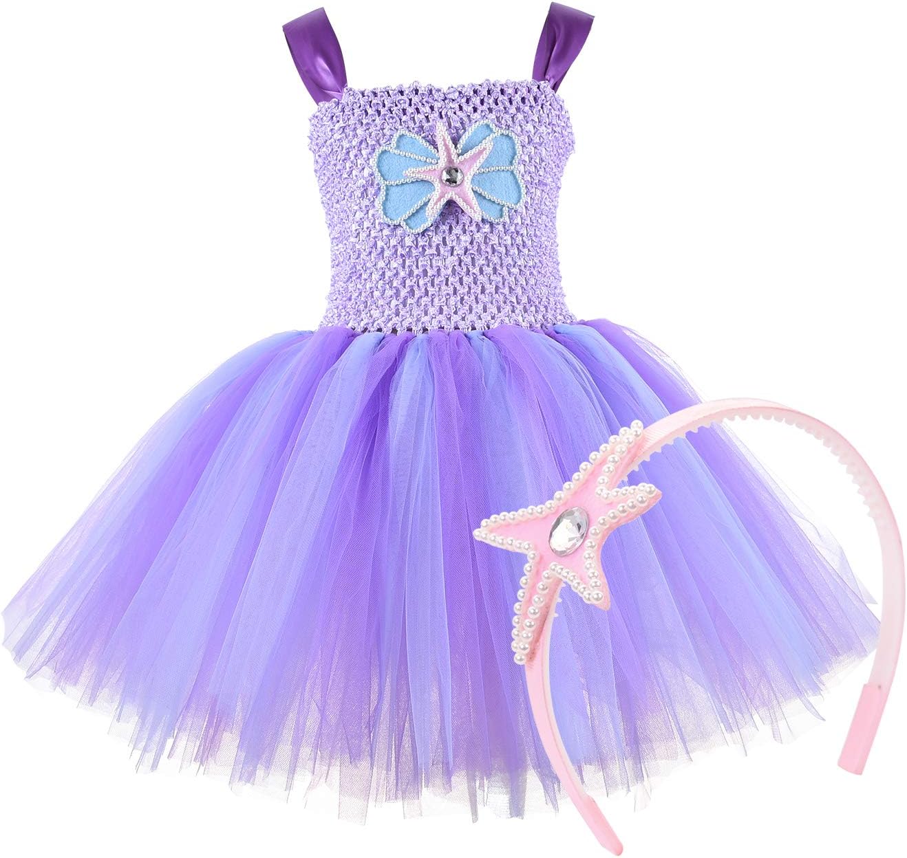 Girls Mermaid Costume Tulle Princess Dress for Cosplay Party Kids Tutu Dress with Starfish Headband