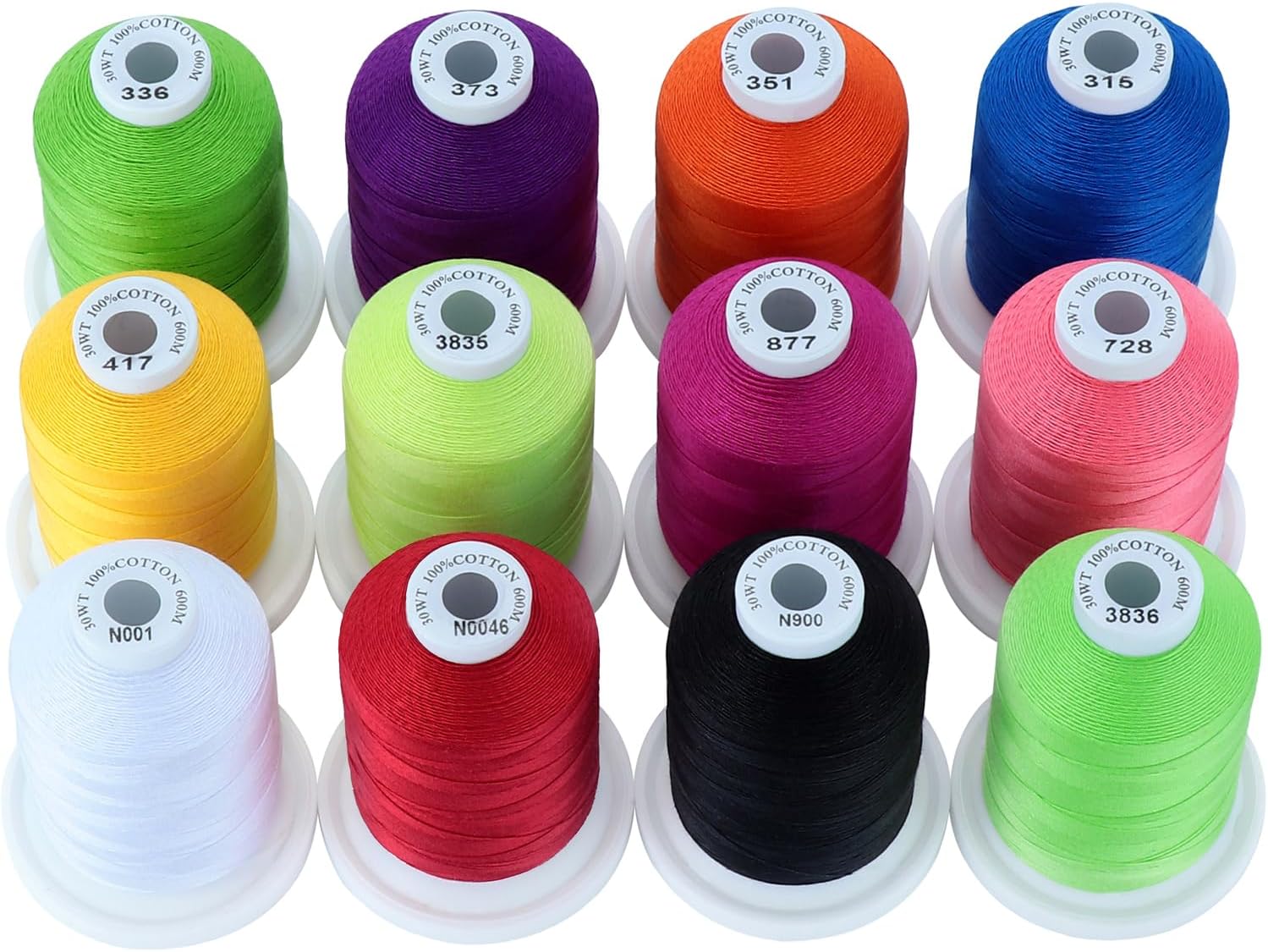 New brothread - 18 Options - Multi-Purpose 100% Mercerized Cotton Threads 50S/3 600M(660Y) Each Spool for Quilting, Serger, Sewing and Embroidery - 12 Bright Colors