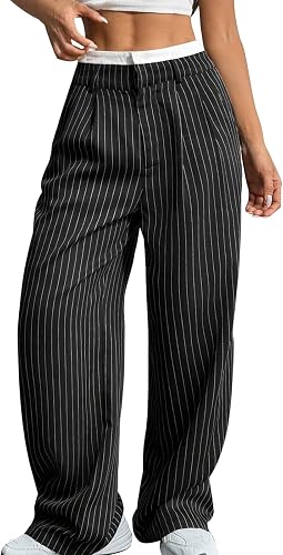 Womens Striped Baggy Palazzo Pants High Rise Slacks Black Me