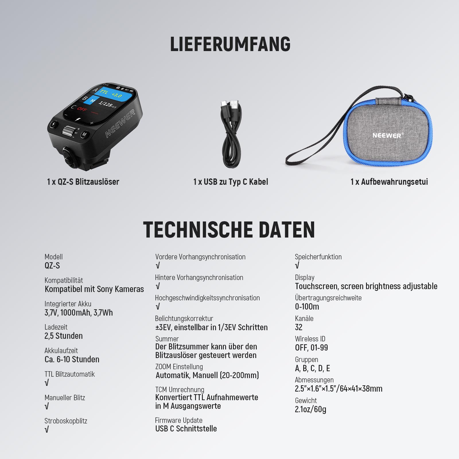 NEEWER QZ-S 2,4G TTL Funk Blitz Studio Blitzauslöser 1/8000s HSS kompatibel mit Sony Kameras ZV-E10 A6400 A7III A7IV Godox IT32 V1 V100 AD200 Pro II, 1000mAh Akku/cm Schalter/OLED Touchscreen