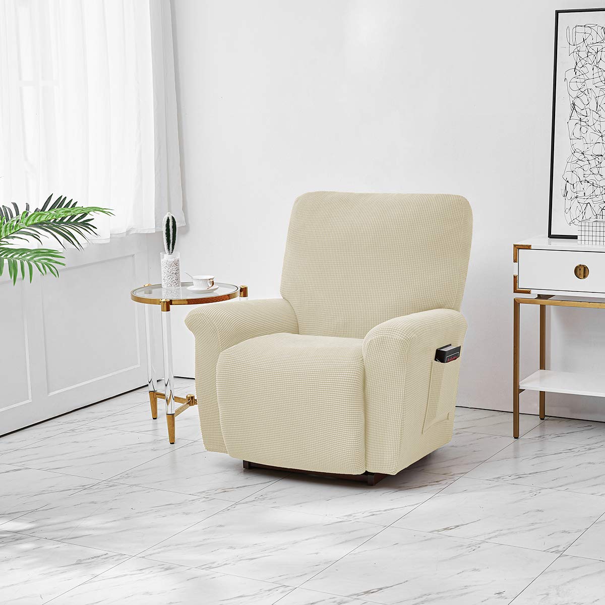 ele ELEOPTION Recliner pokrowiec na sofę, rozciągliwy pokrowiec na fotel wypoczynkowy, spandex, żakard, 4-częściowy pokrowiec na fotel relaksacyjny, pokrowiec na fotel relaksacyjny, fotel do masażu (beżowy)