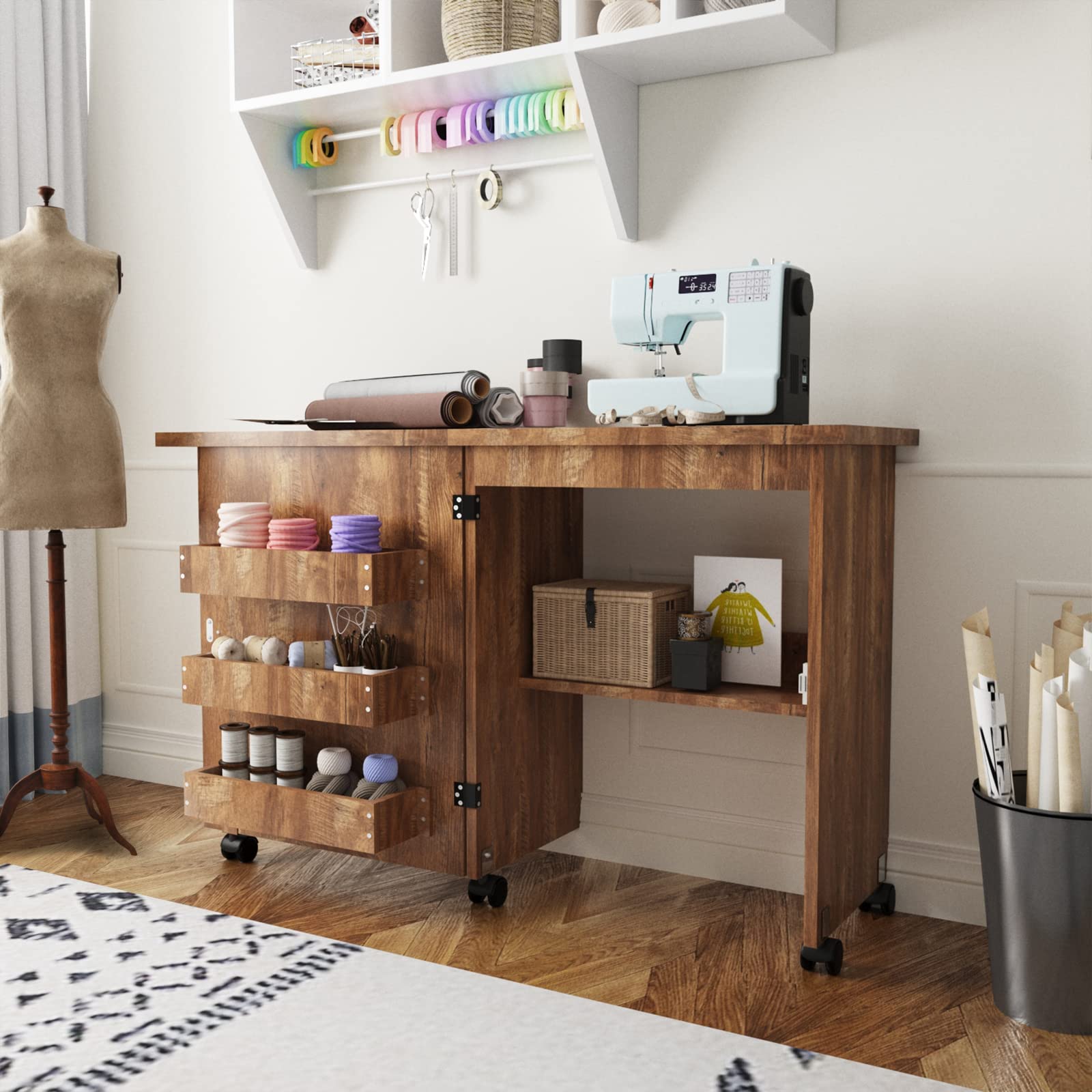 4 EVER WINNER Folding Sewing Table & Craft Table with Storage, Portable Sewing Machine Table Foldable with 5 Wheels, 3 Tier Shelves, Foldable Sewing Craft Table with Hutch for Sewing Room, Brown