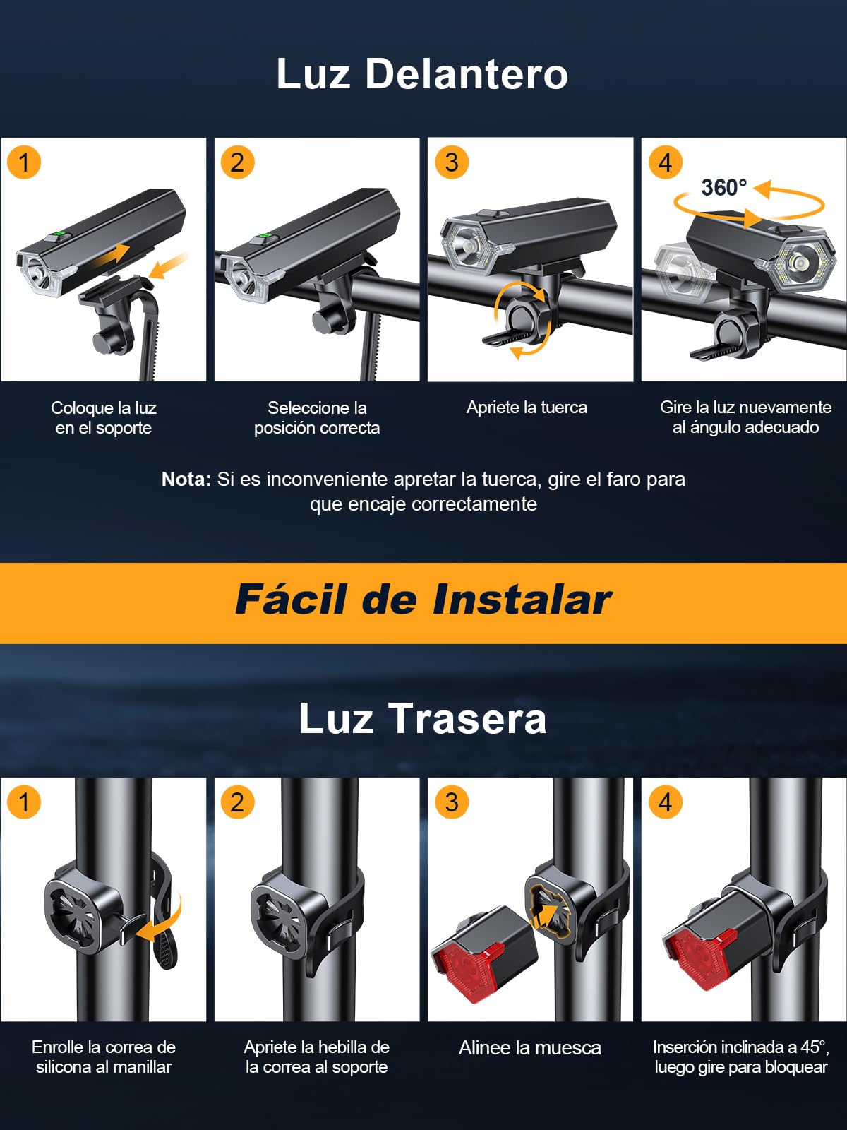 Glangeh Luces Bicicleta Delantera y Trasera Recargables Súper Brillantes, 4+6 Modos Luz Bicicleta Delantera LED,Luces Laterales, IP65 Impermeable- Accesorios Iluminación Bicicleta para Día/Noche Niños