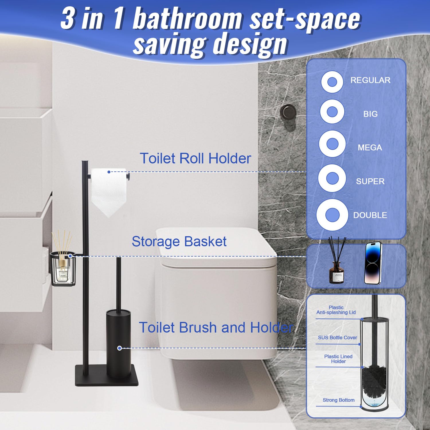BGL Stainless Steel Toilet Paper Holder with Toilet brush,Matte Black Color Heavy Base, Including Basket for Toilet Using - Image 3