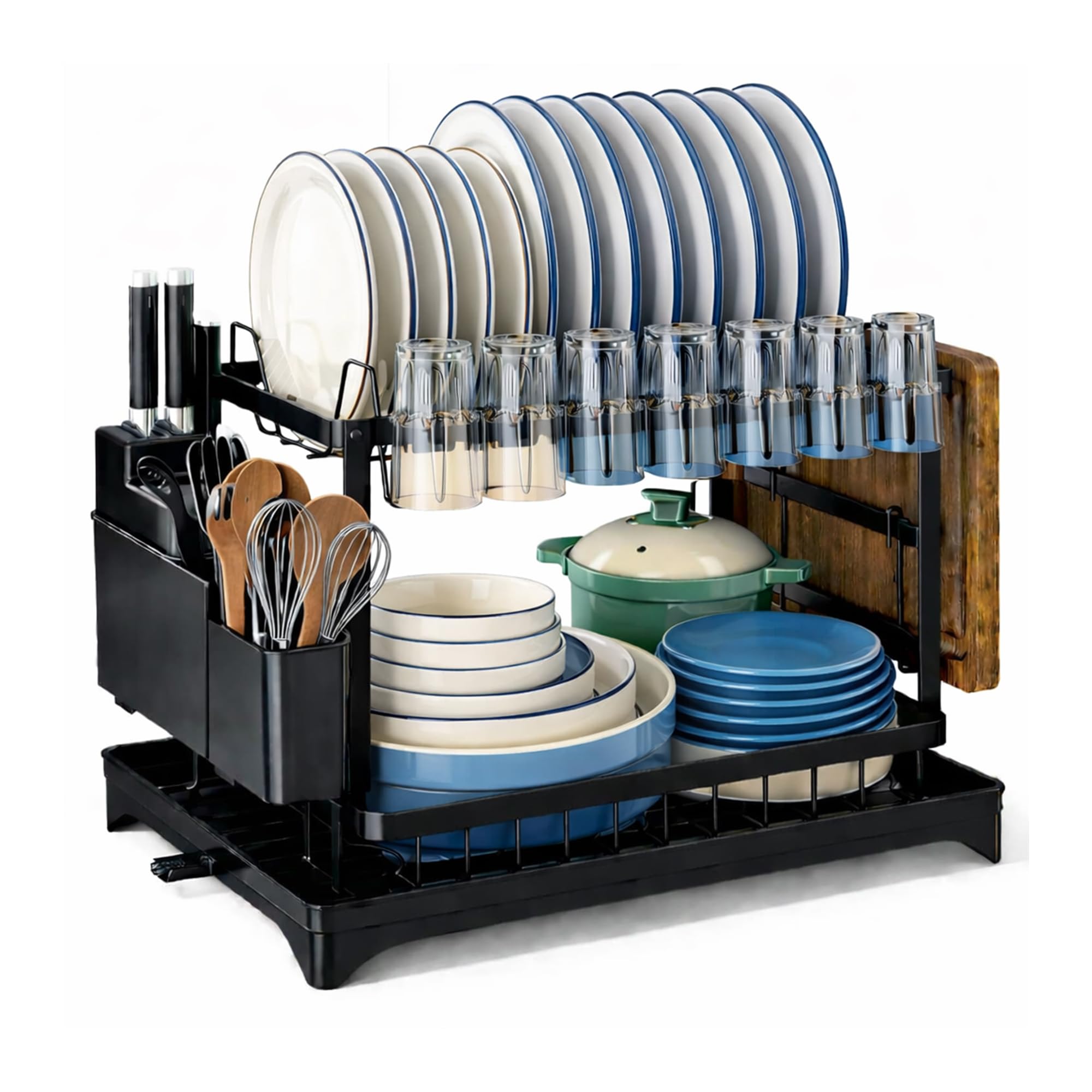 Enginess Black 2 Tier Dish Drying Rack With Drainboard – Large Capacity Kitchen Dish Drainer With Utensil Holder & Glass Rack – Space Saving Countertop Dish Rack Uk