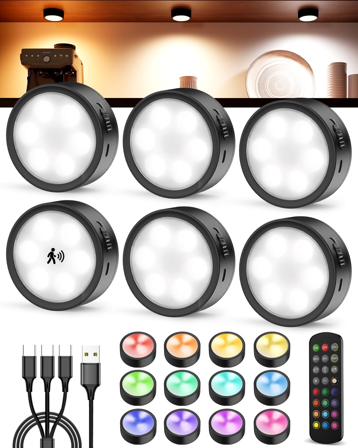 Luz Armario Sensor Movimiento, Luz LED Recargable 2400mAh RGB Cambio de Color, Adhesiva Magnética Iluminación Nocturna USB para Gabinete Cocina Escalera Pasillo Sótano Vitrina